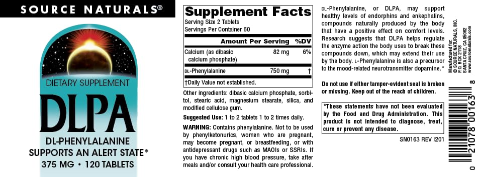 DLPA ingredients and 375 mg tablet label