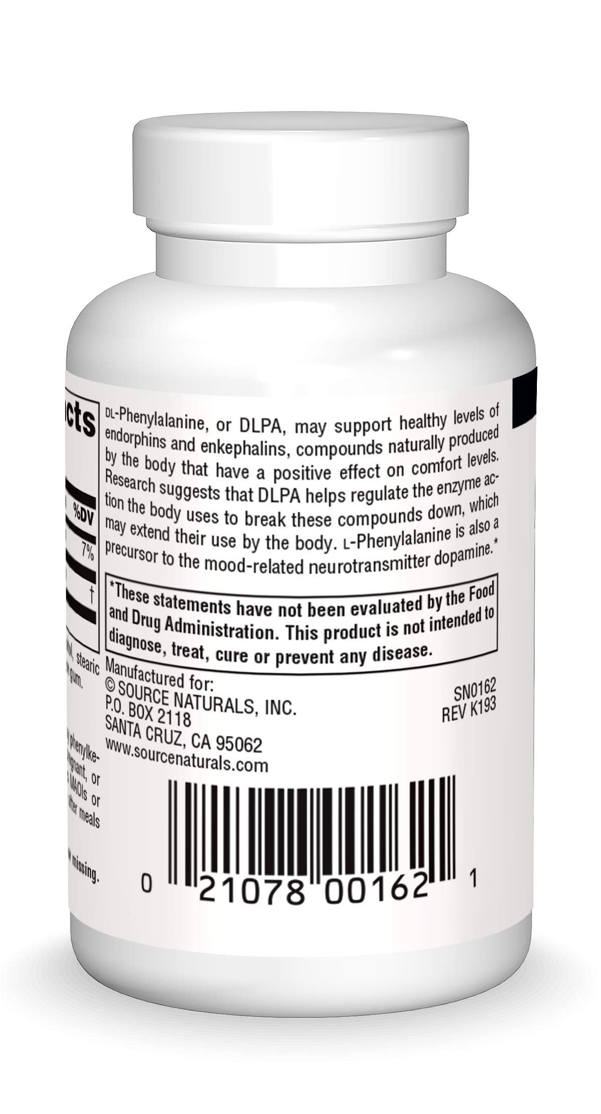 Bottle of Source Naturals DLPA 375 mg DL-Phenylalanine 60 tablets