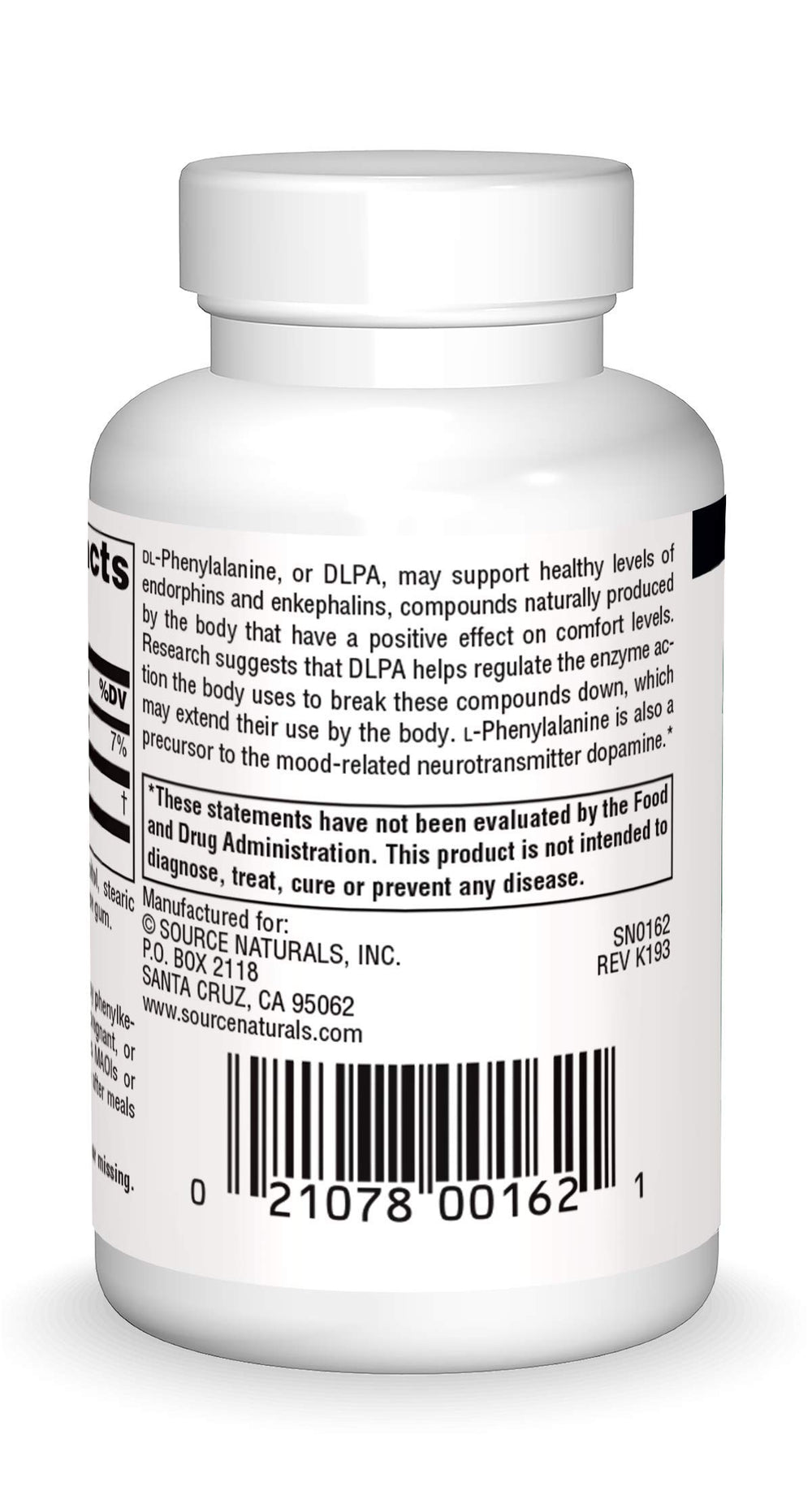 Bottle of Source Naturals DLPA 375 mg DL-Phenylalanine 60 tablets
