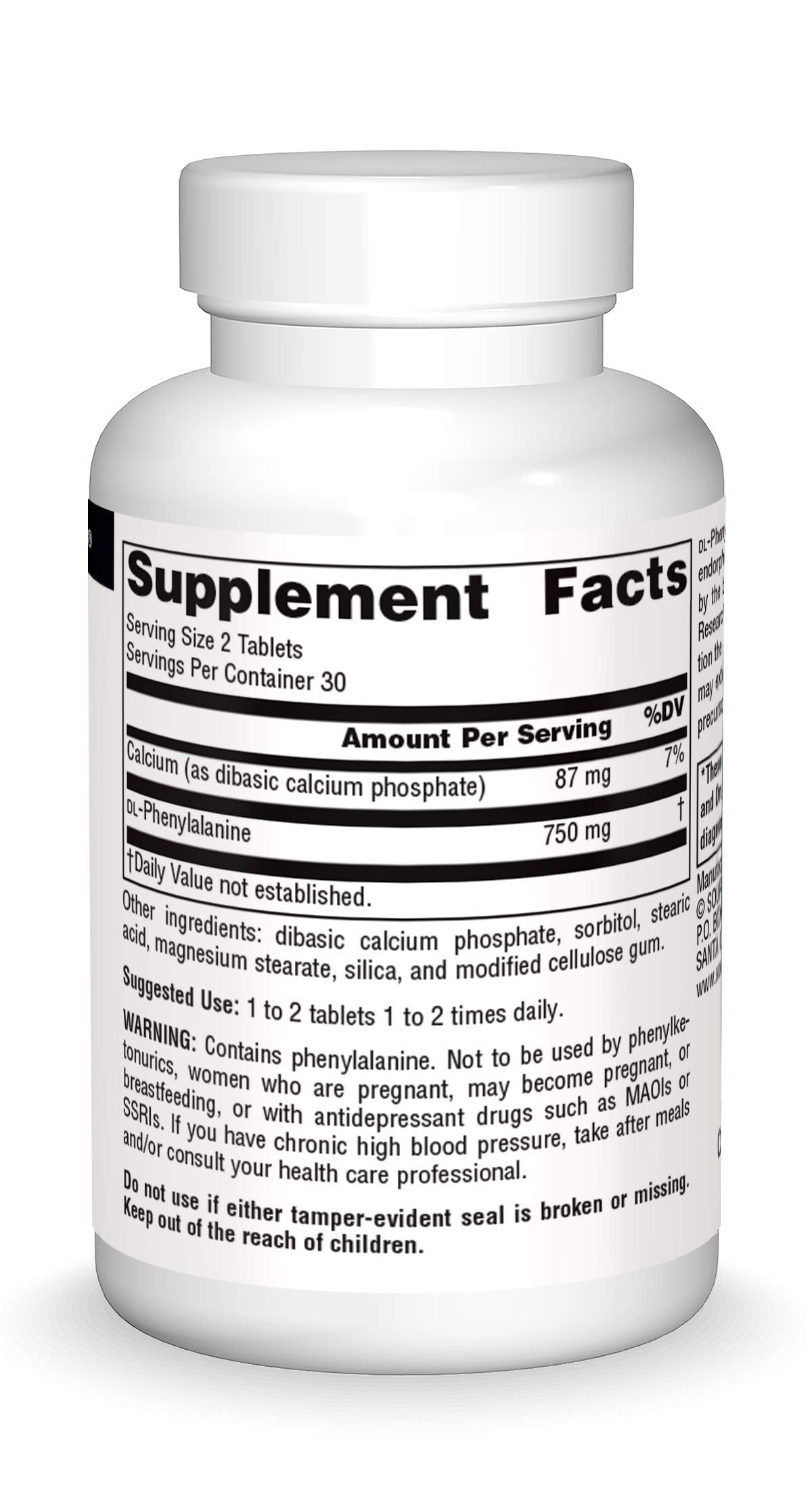 Supplement facts panel for Source Naturals DLPA 375 mg