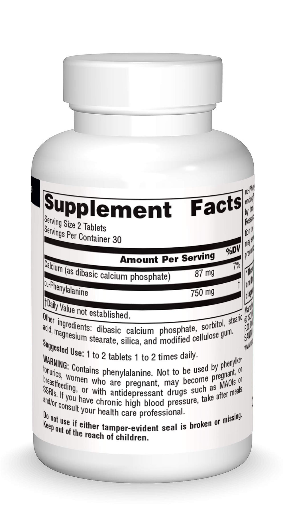 Supplement facts panel for Source Naturals DLPA 375 mg