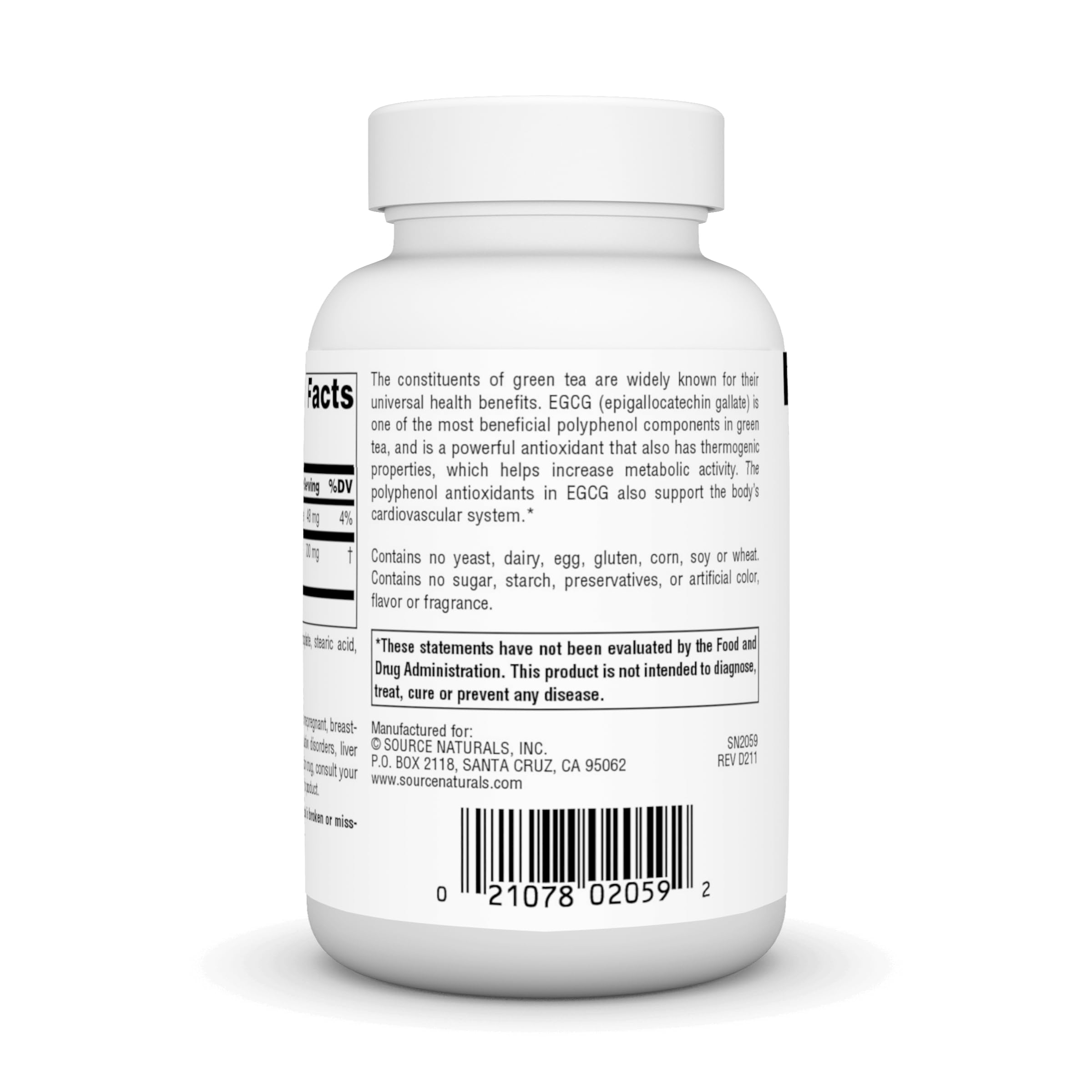 Nutrition facts and tablet count for Source Naturals EGCG