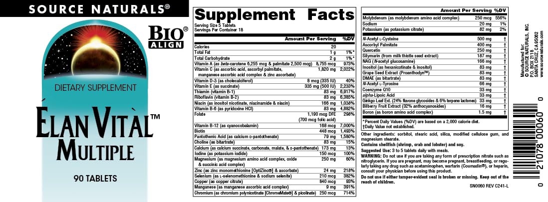 Nutrition and ingredients graphic for Elan Vital Multiple