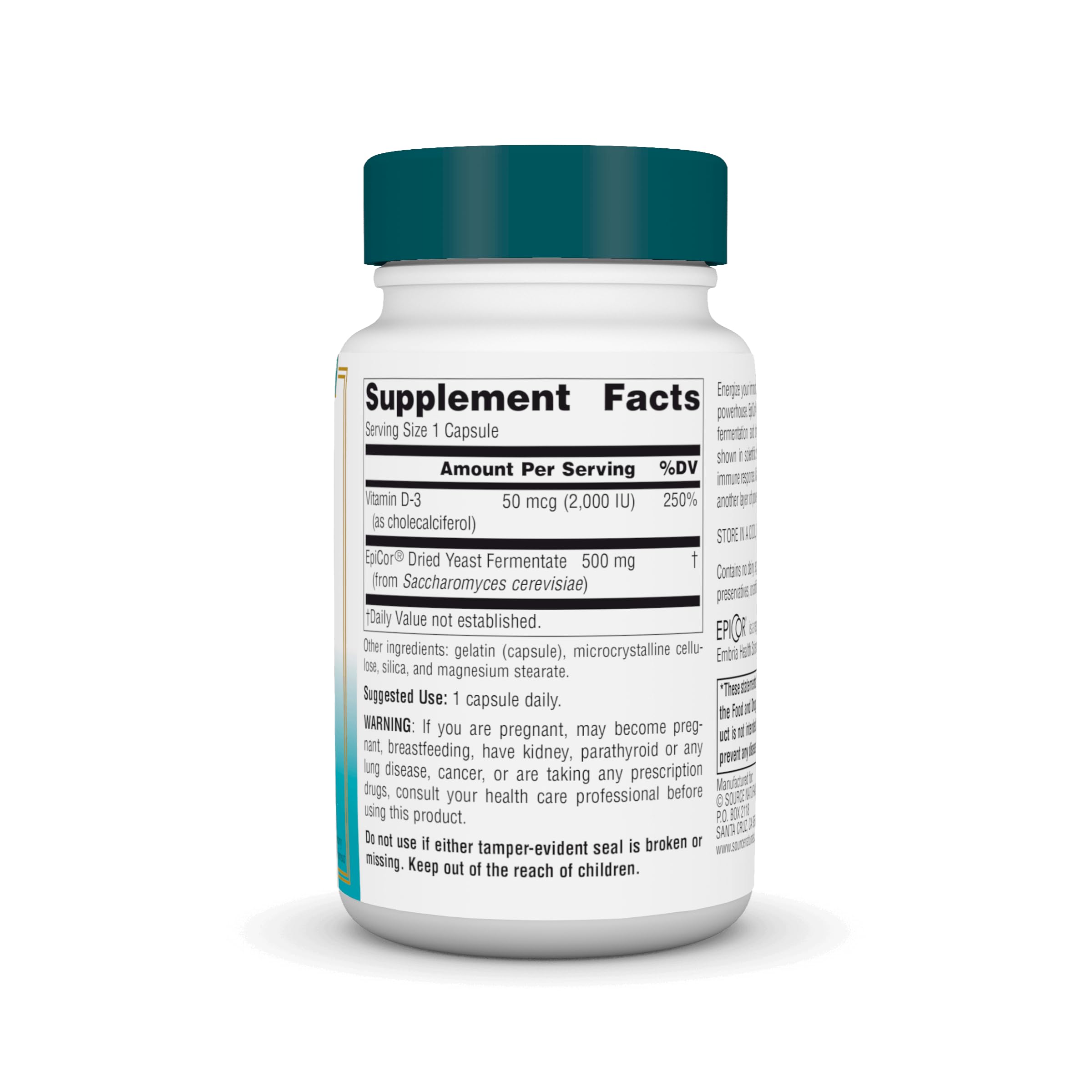 Back view of Source Naturals EpiCor with Vitamin D-3 bottle