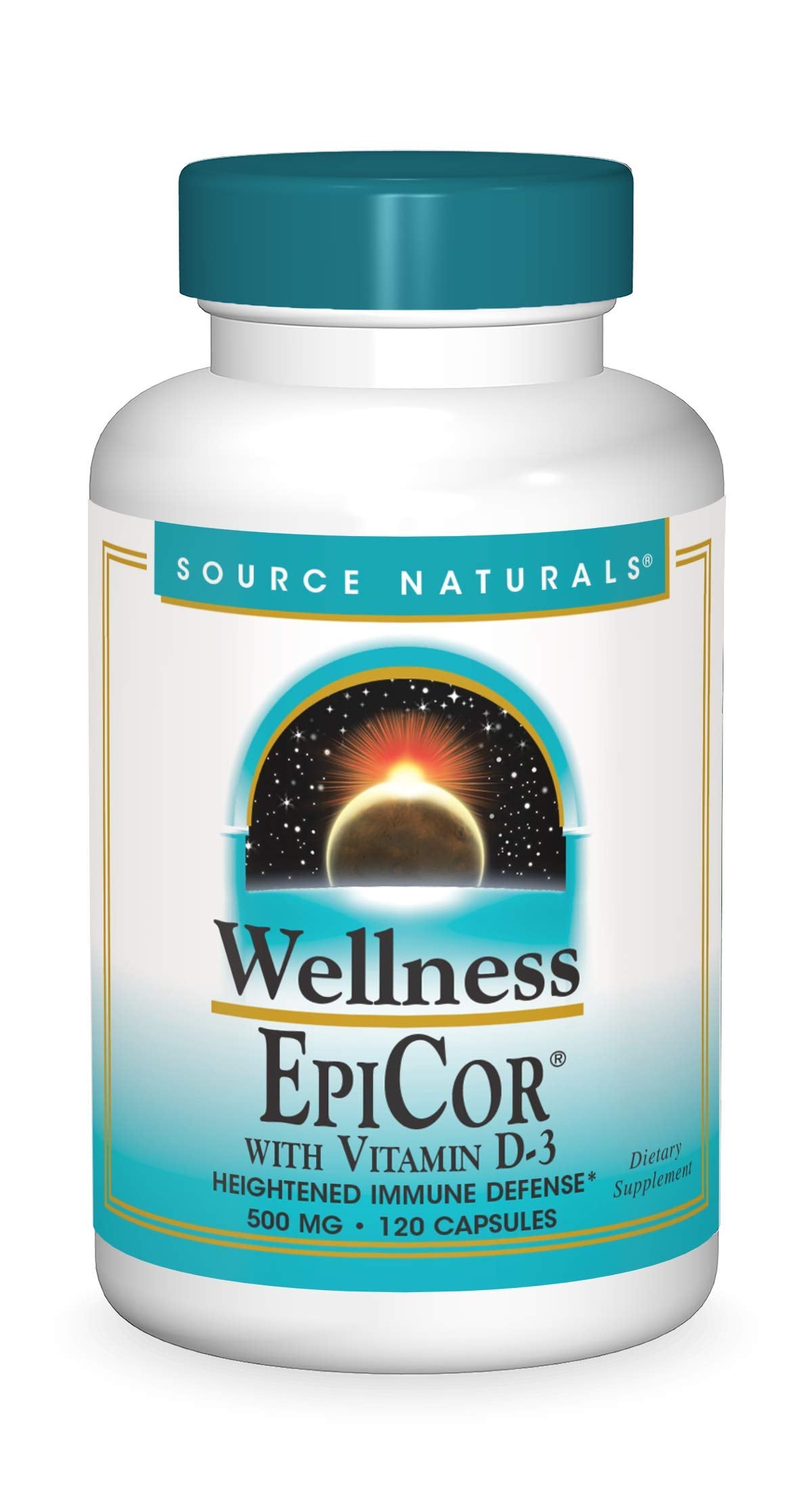 Front view of Source Naturals EpiCor with Vitamin D-3 120 capsules bottle