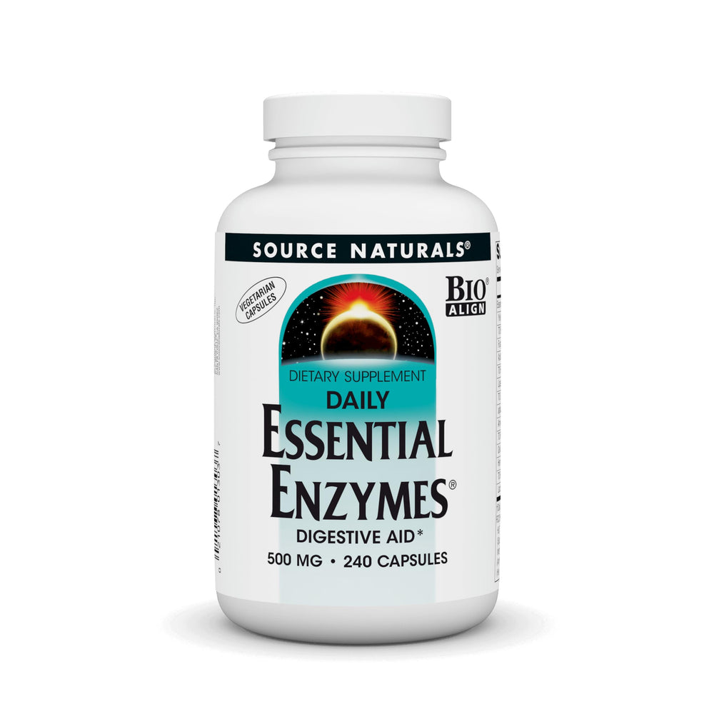 Front view of Source Naturals Essential Enzymes bottle in vegetarian capsules