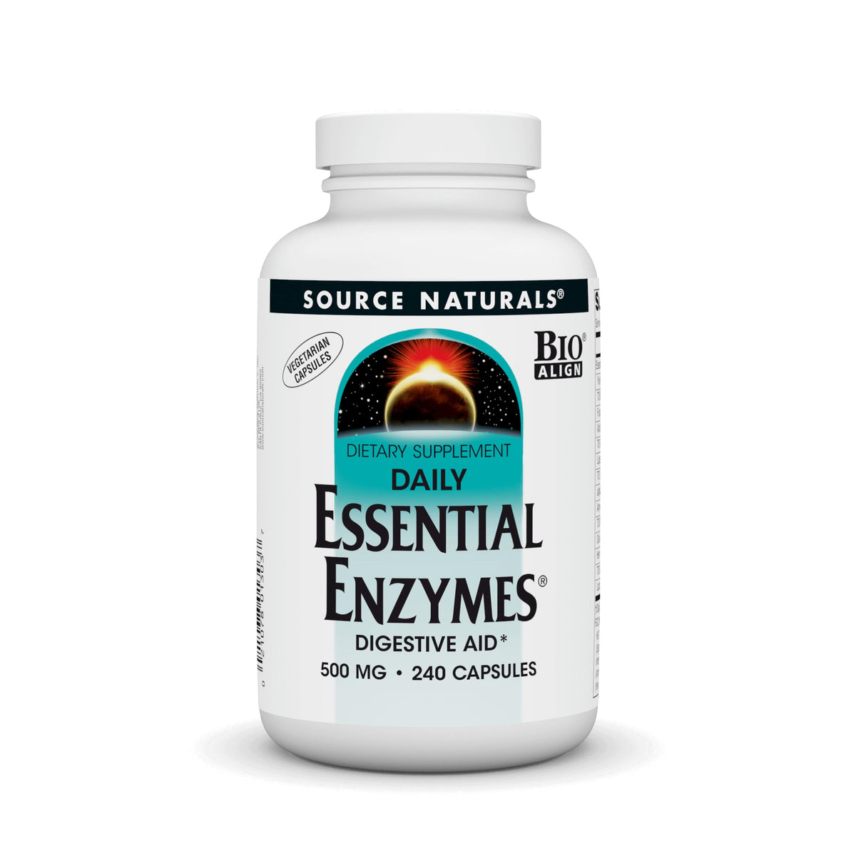 Front view of Source Naturals Essential Enzymes bottle in vegetarian capsules