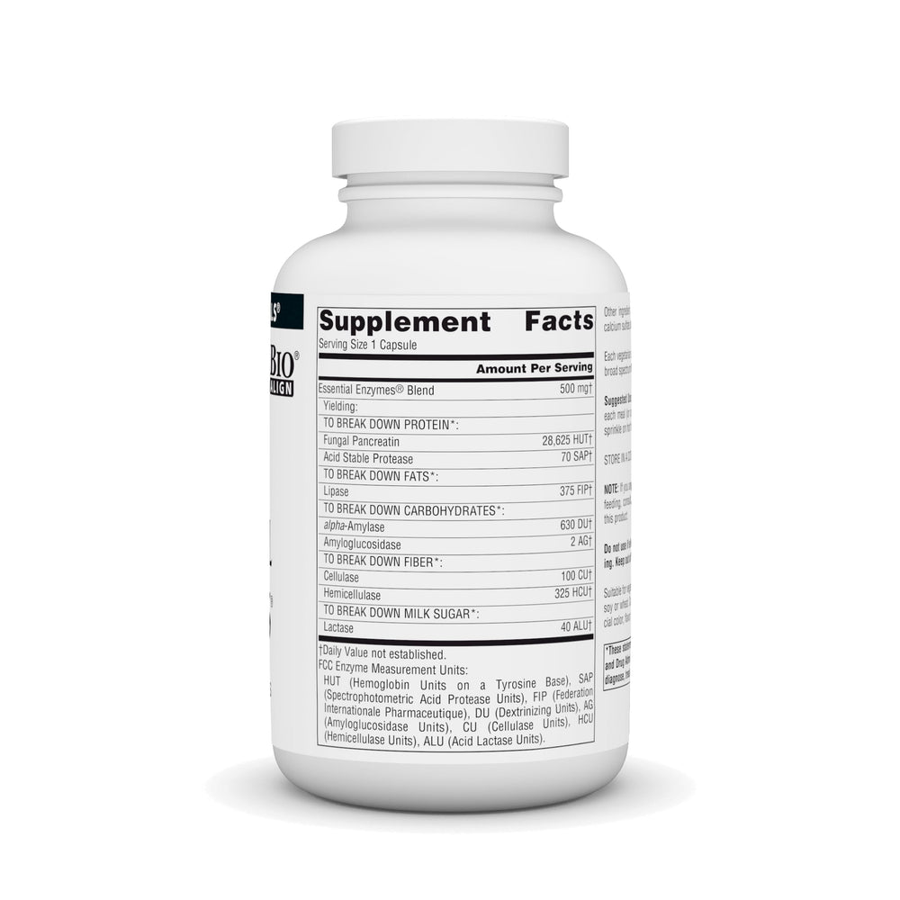 Back label showing supplement facts for Source Naturals Essential Enzymes