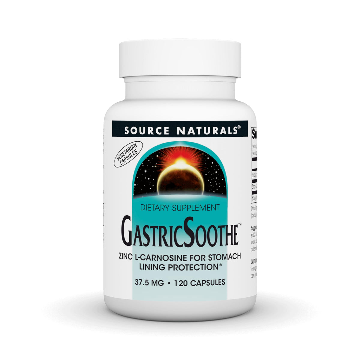 Bottle of Source Naturals GastricSoothe Zinc L-Carnosine 120 Veggie Caps on white background