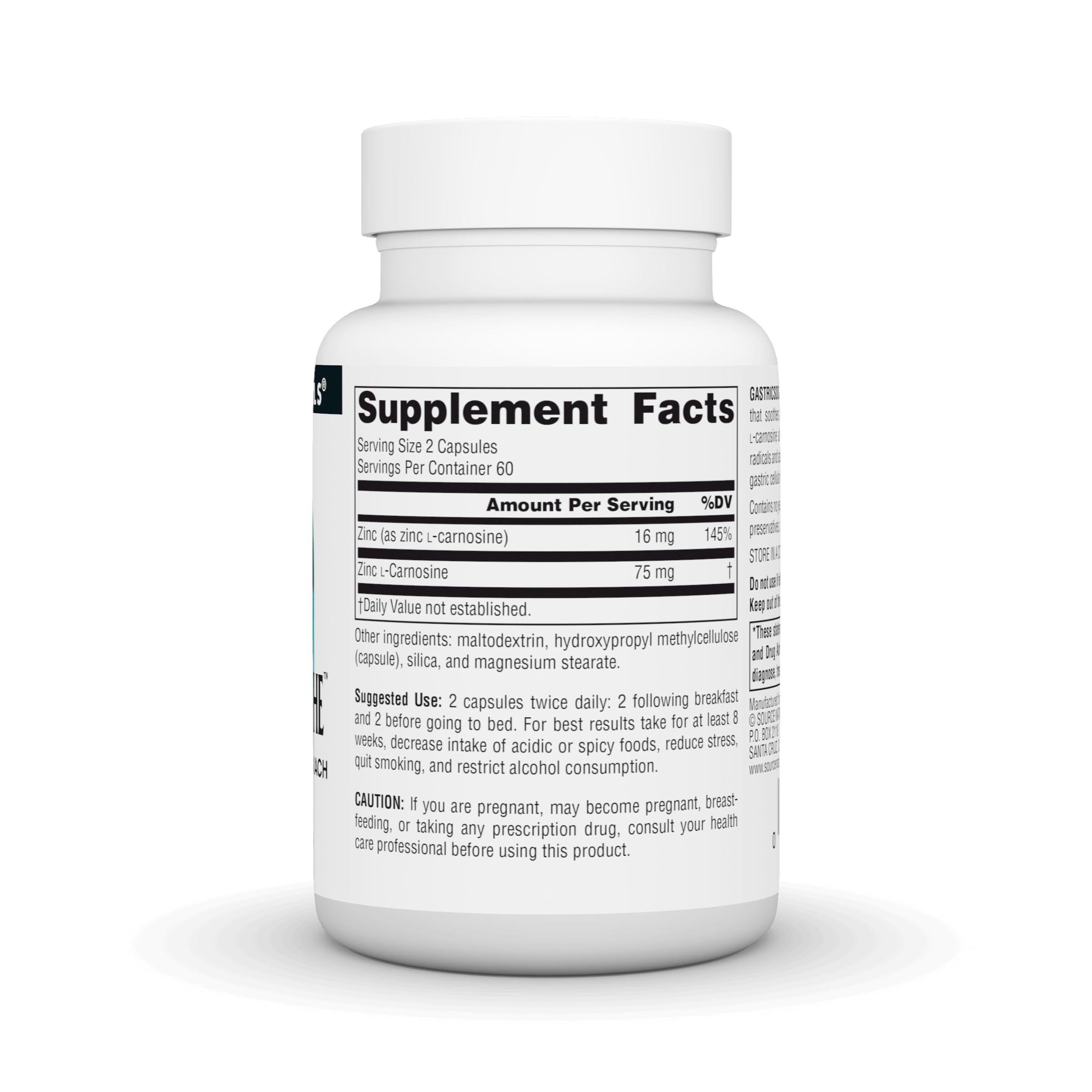 Close-up of GastricSoothe bottle label showing zinc L-carnosine