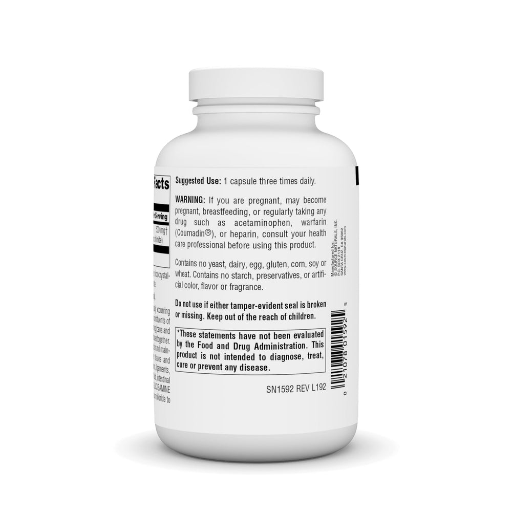 Supplement bottle with 500 mg glucosamine sulfate label