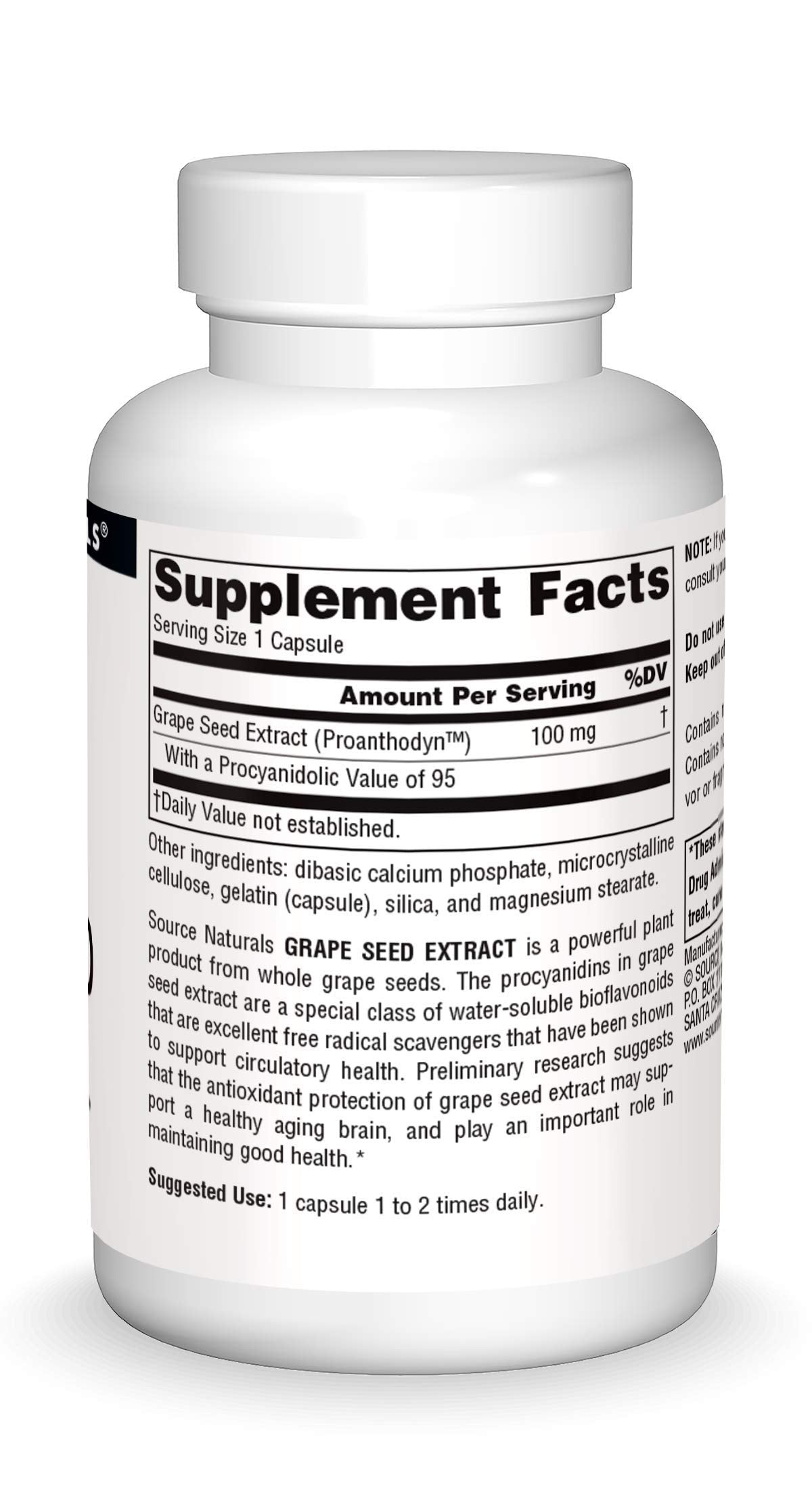 Back view of Source Naturals Grape Seed Extract bottle showing supplement facts
