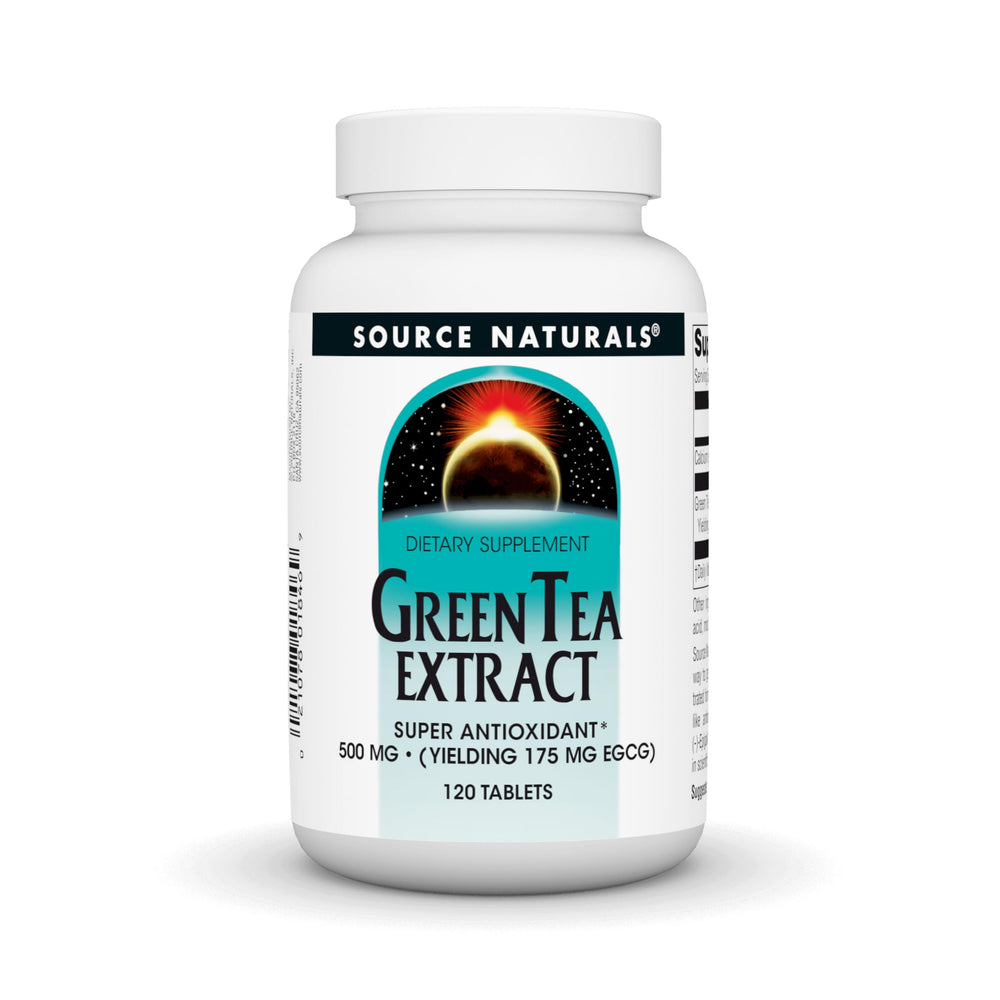Front view of Source Naturals Green Tea Extract 500 mg bottle with 120 tablets