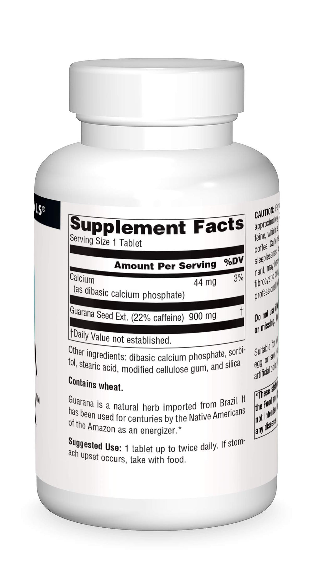 Source Naturals Guarana Energizer label closeup showing Brazilian herb origin.