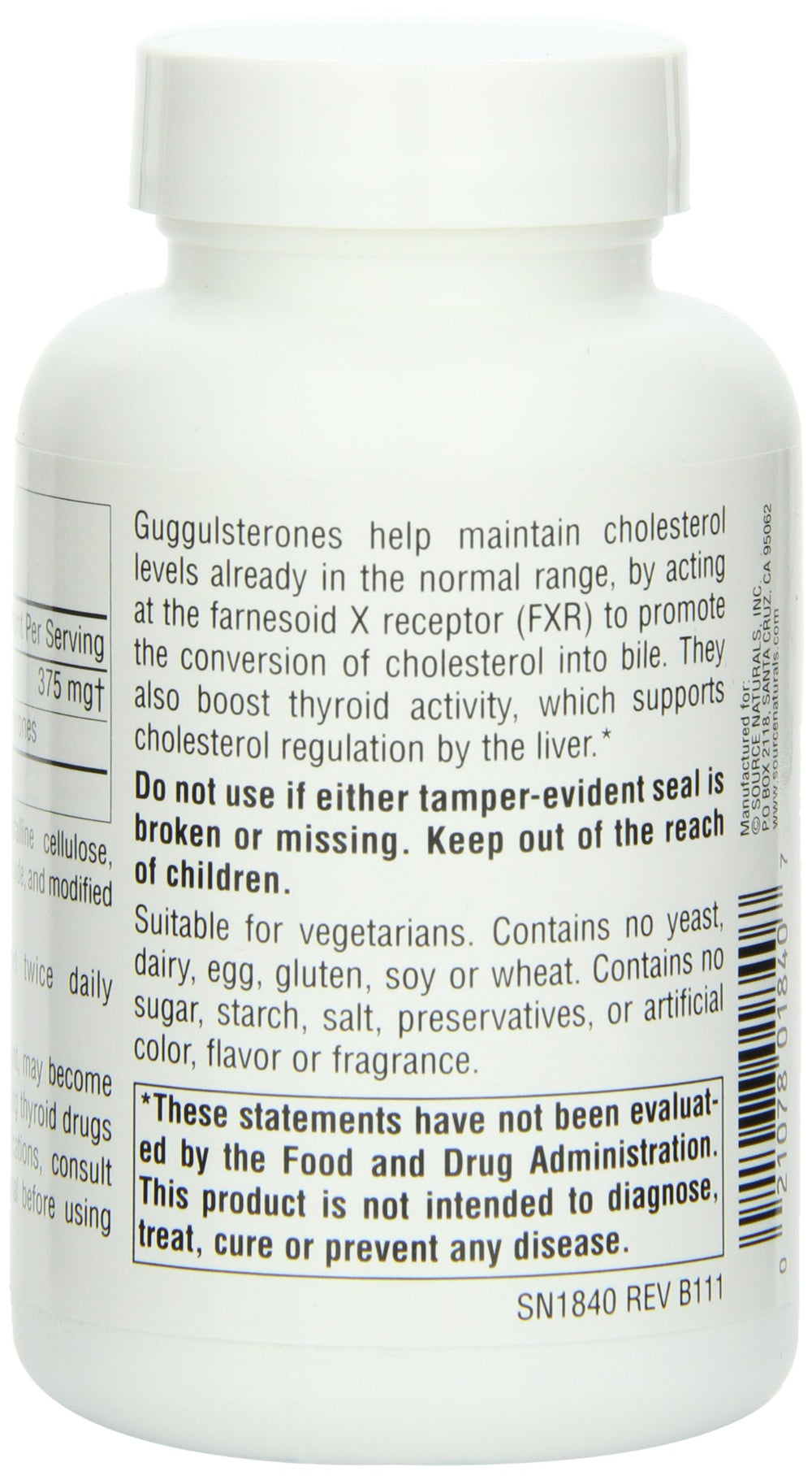 Product label for Source Naturals Guggulsterones 37.5 mg