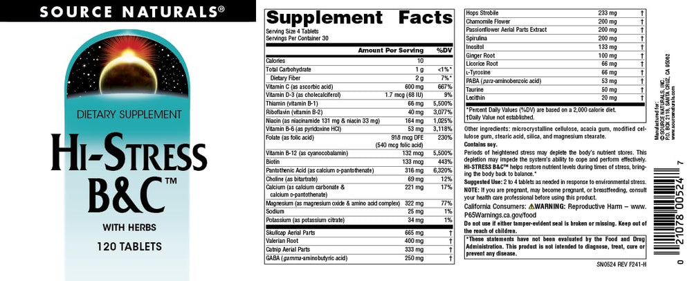 Tablets/capsules of Source Naturals Hi-Stress B&C with Herbs