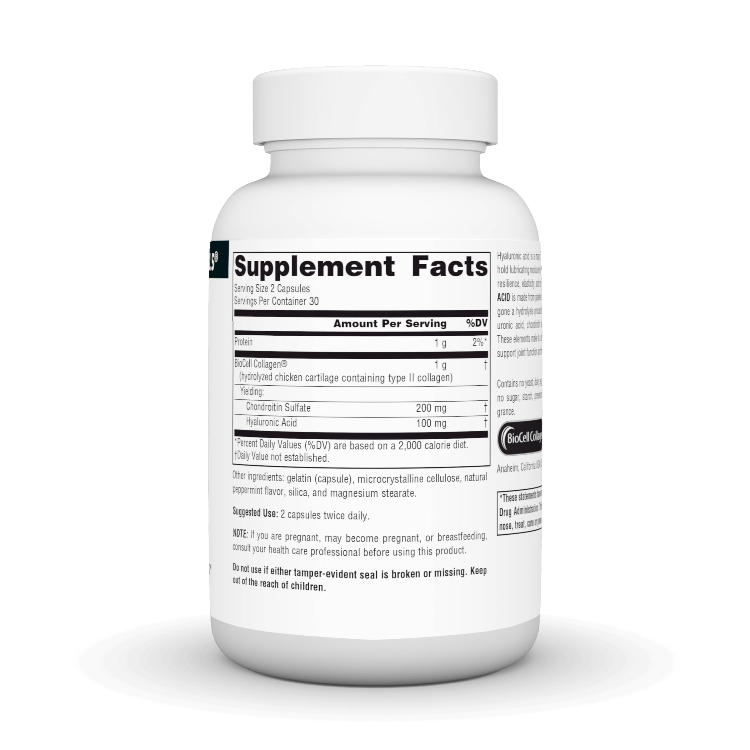 Close-up of Hyaluronic Acid 50mg label on bottle
