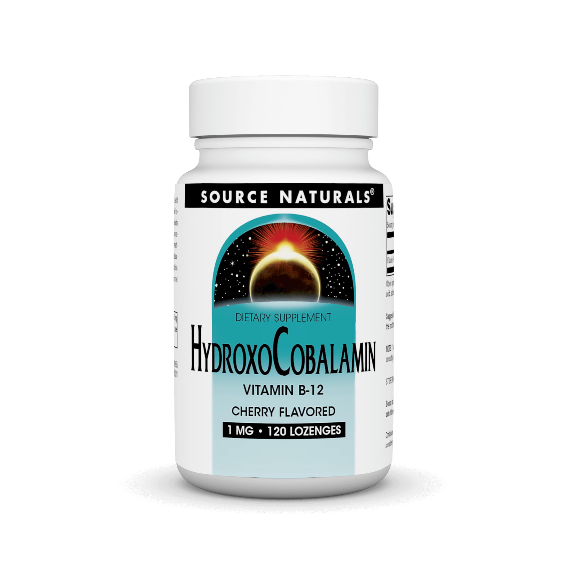 Bottle label showing Source Naturals HydroxoCobalamin B-12 1 mg Cherry Lozenges