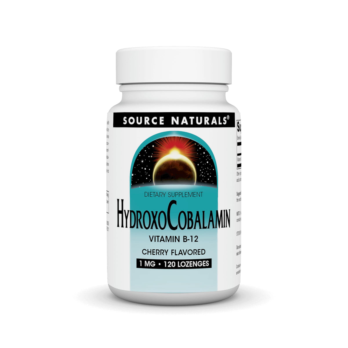 Bottle label showing Source Naturals HydroxoCobalamin B-12 1 mg Cherry Lozenges