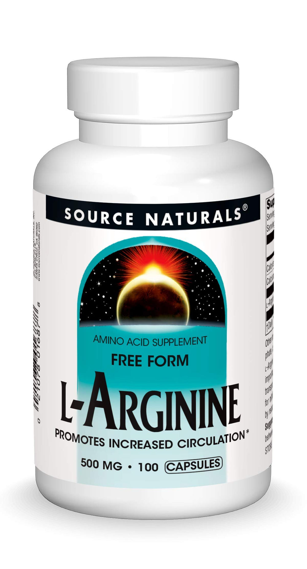 Bottle of Source Naturals Free Form L-Arginine 500mg - 100 capsules