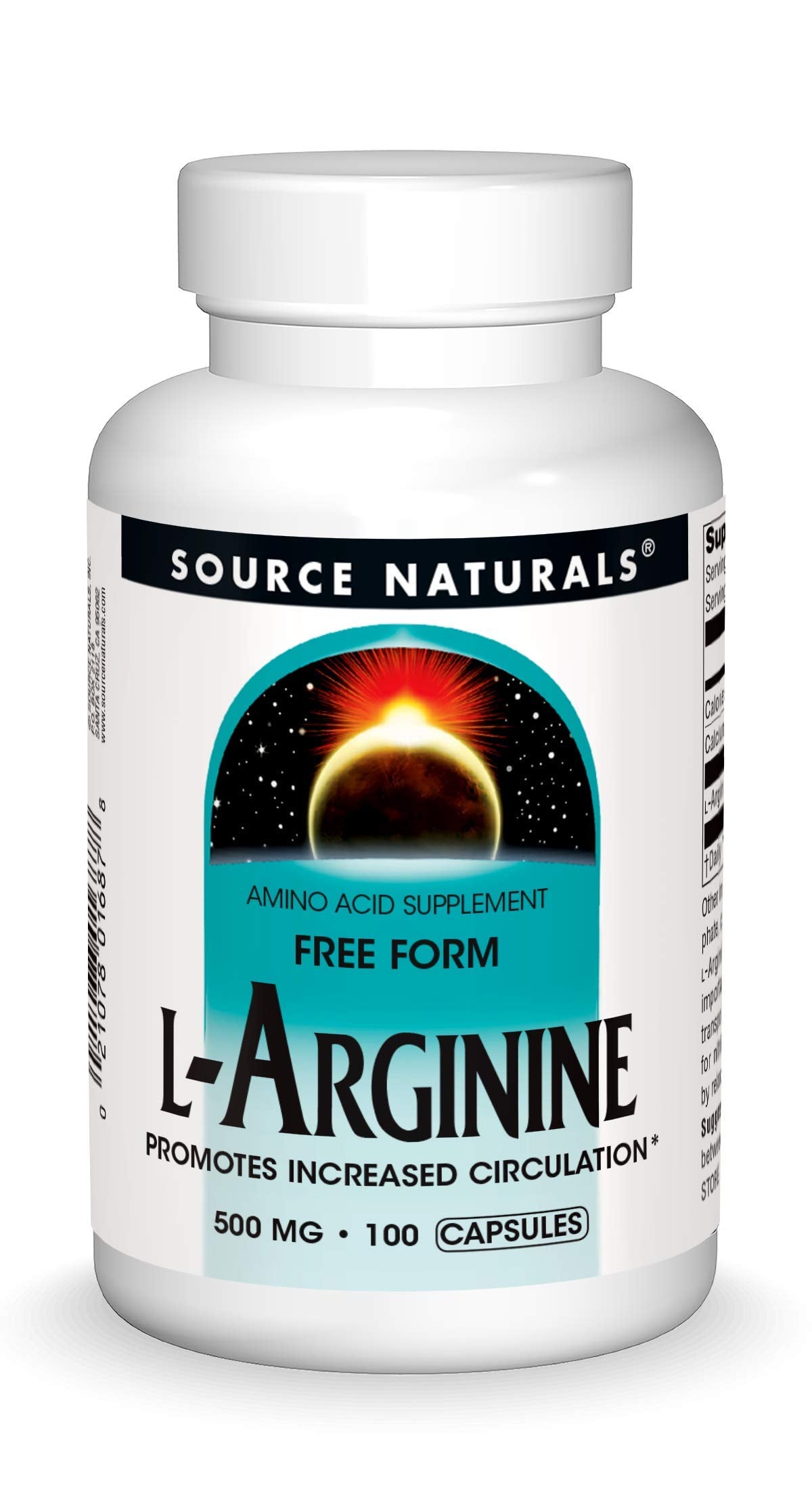 Bottle of Source Naturals Free Form L-Arginine 500mg - 100 capsules