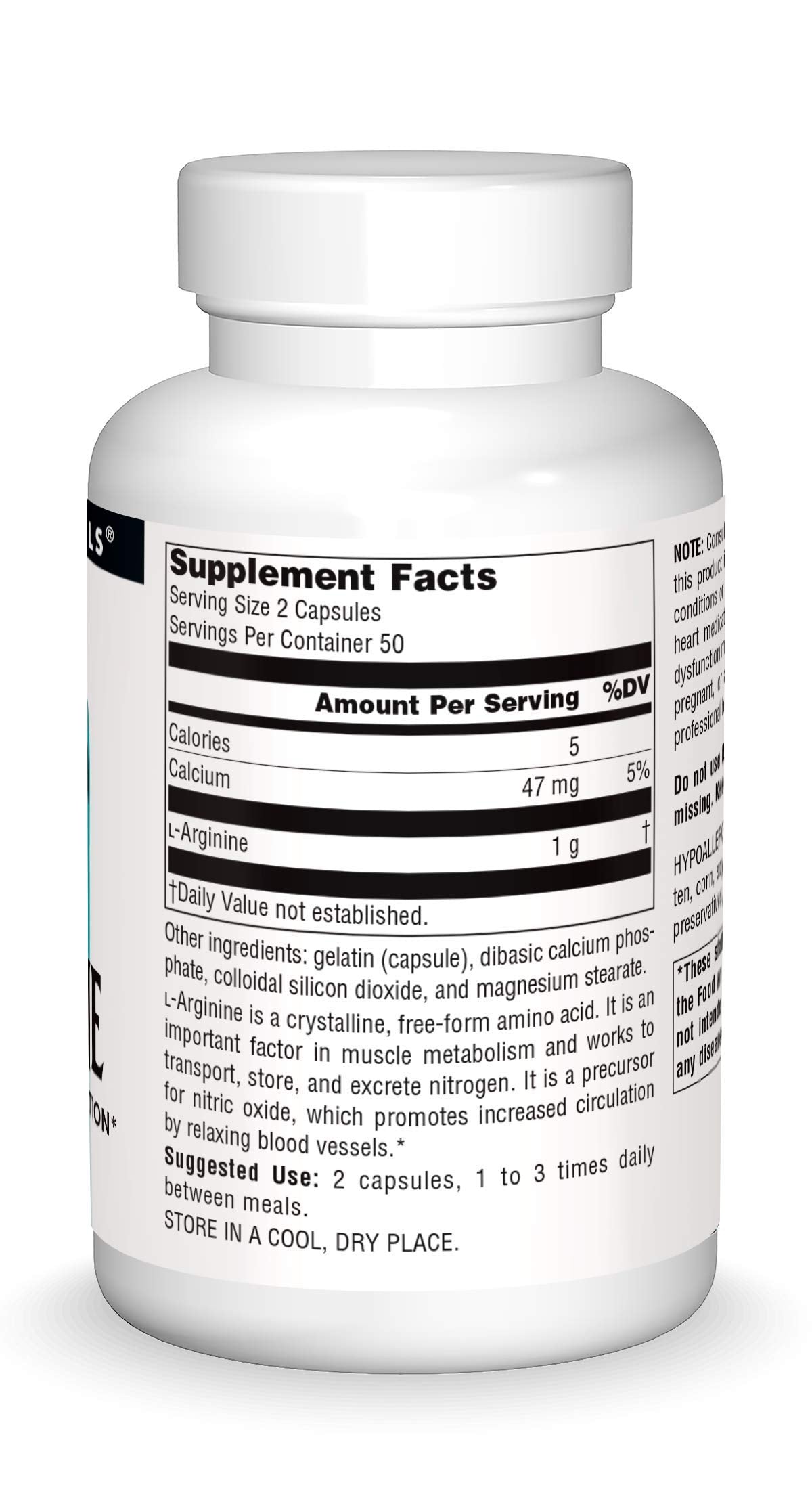 Supplement facts label for Free Form L-Arginine 500mg