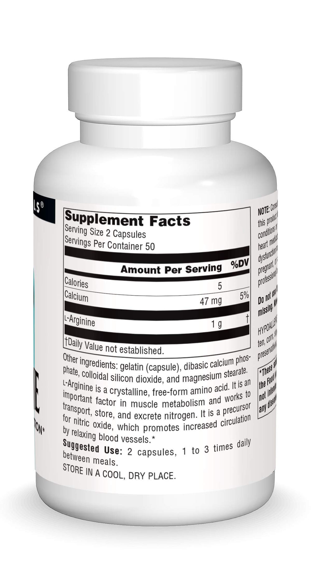 Supplement facts label for Free Form L-Arginine 500mg