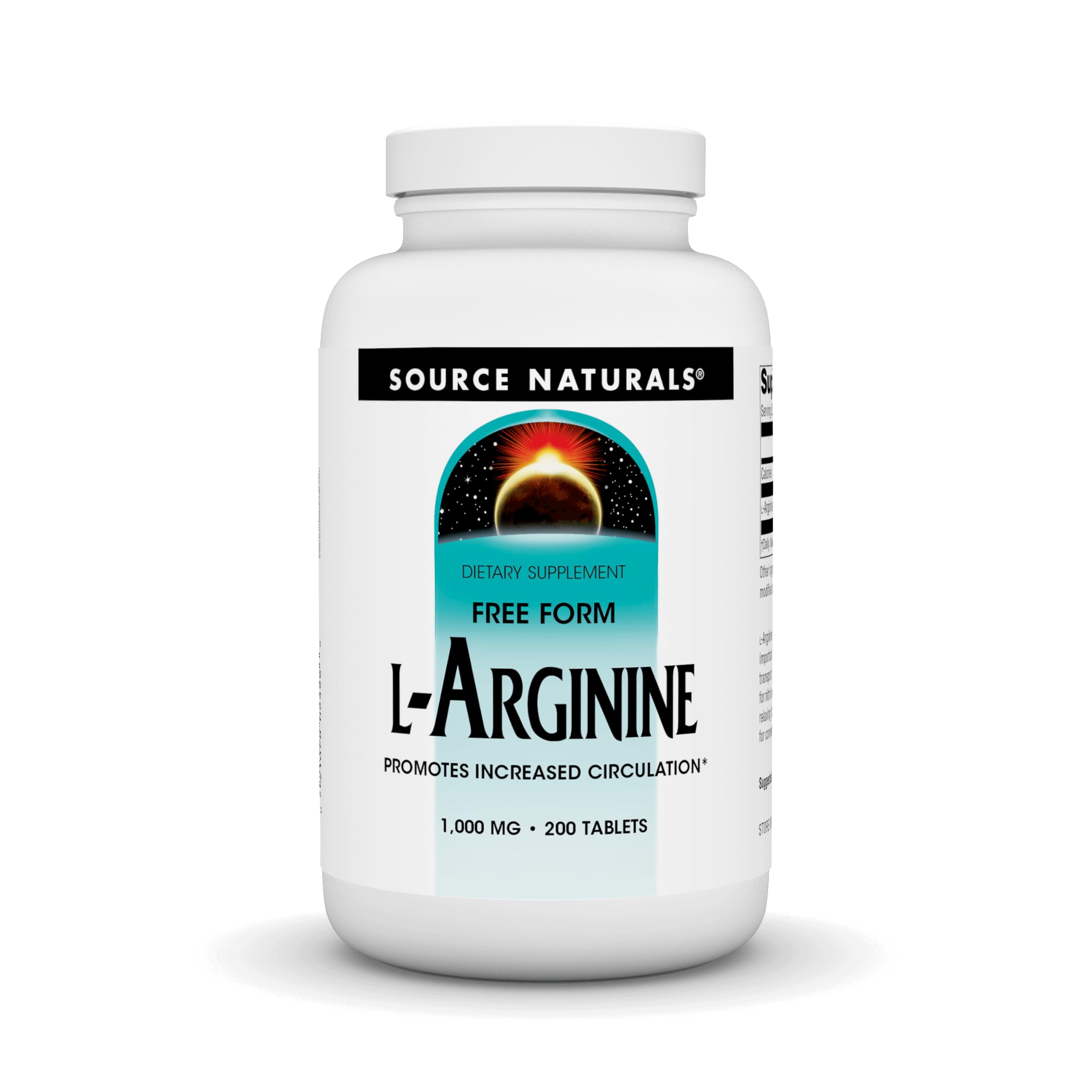 Bottle label for Source Naturals L-Arginine Free Form 1000 mg