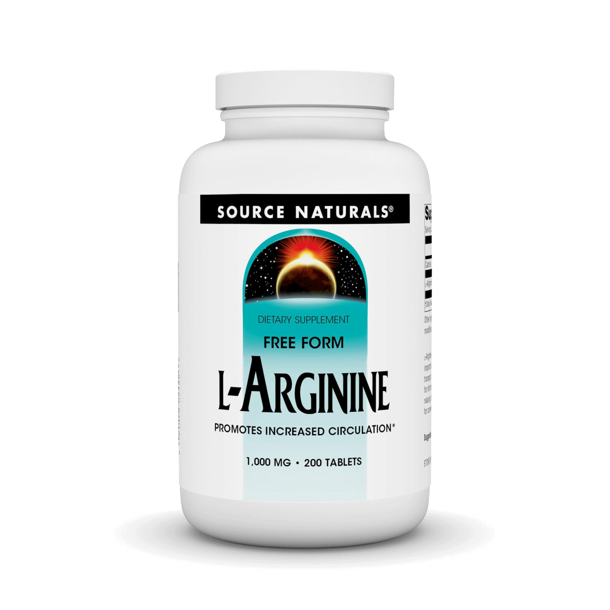 Bottle label for Source Naturals L-Arginine Free Form 1000 mg