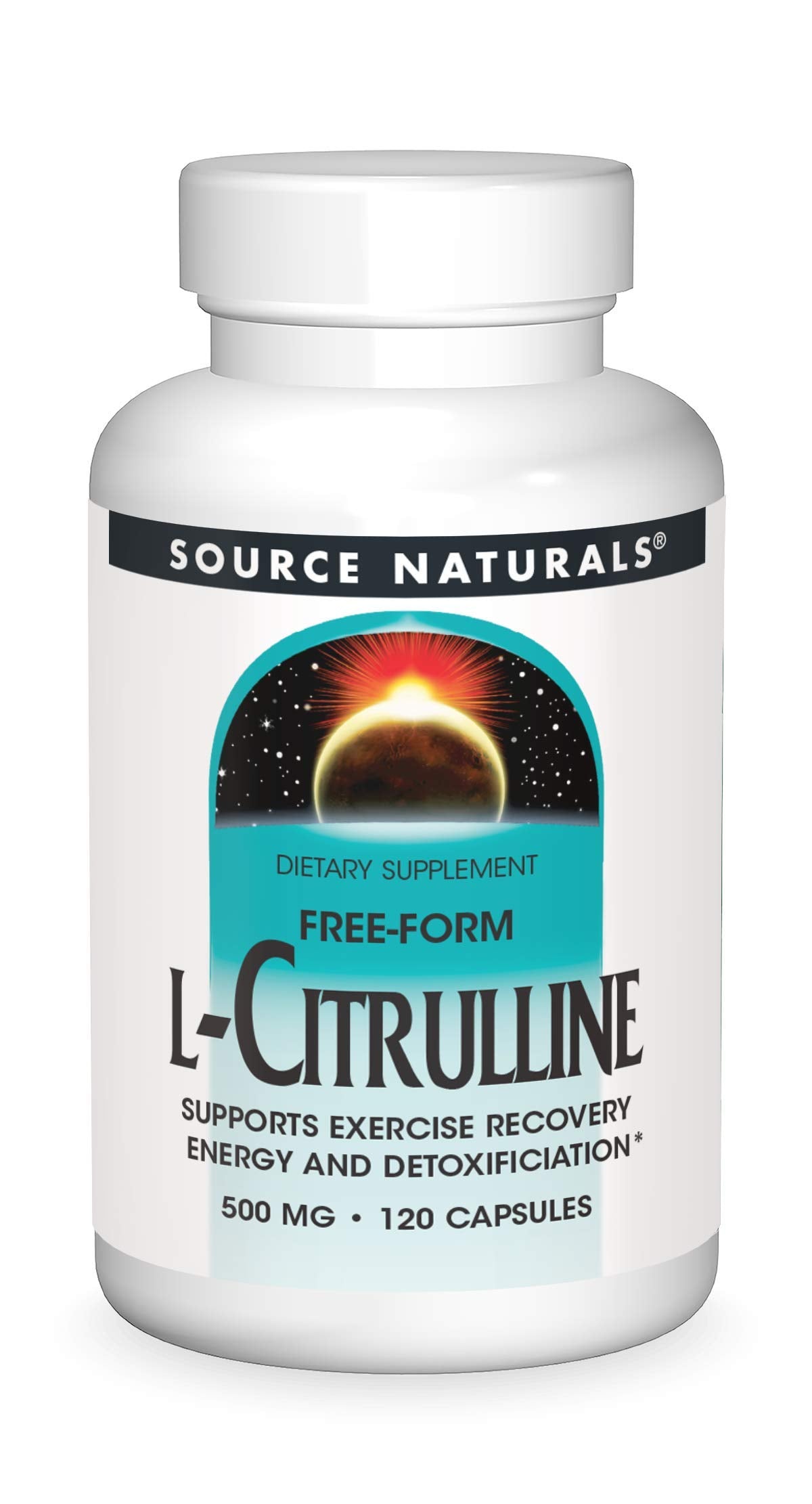 Source Naturals L-Citrulline bottle; supports athletic recovery and detoxification in daily use.