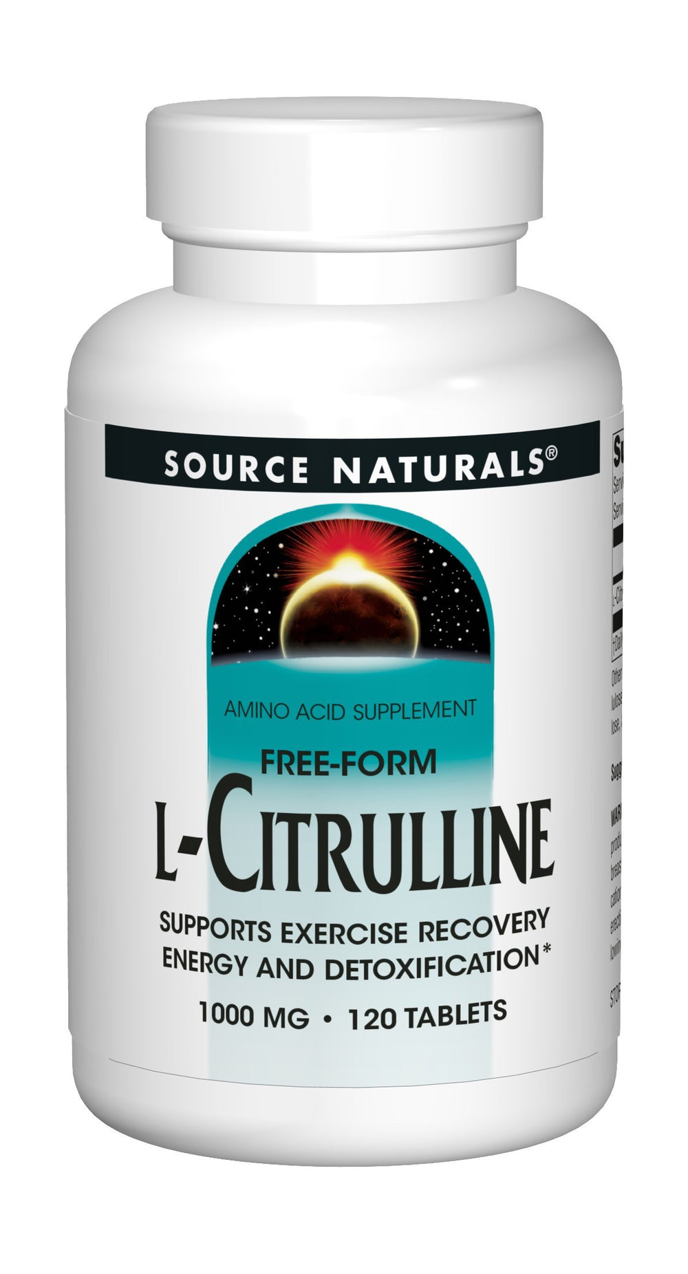 Source Naturals L-Citrulline supplement facts image emphasizes purity and allergen-free profile