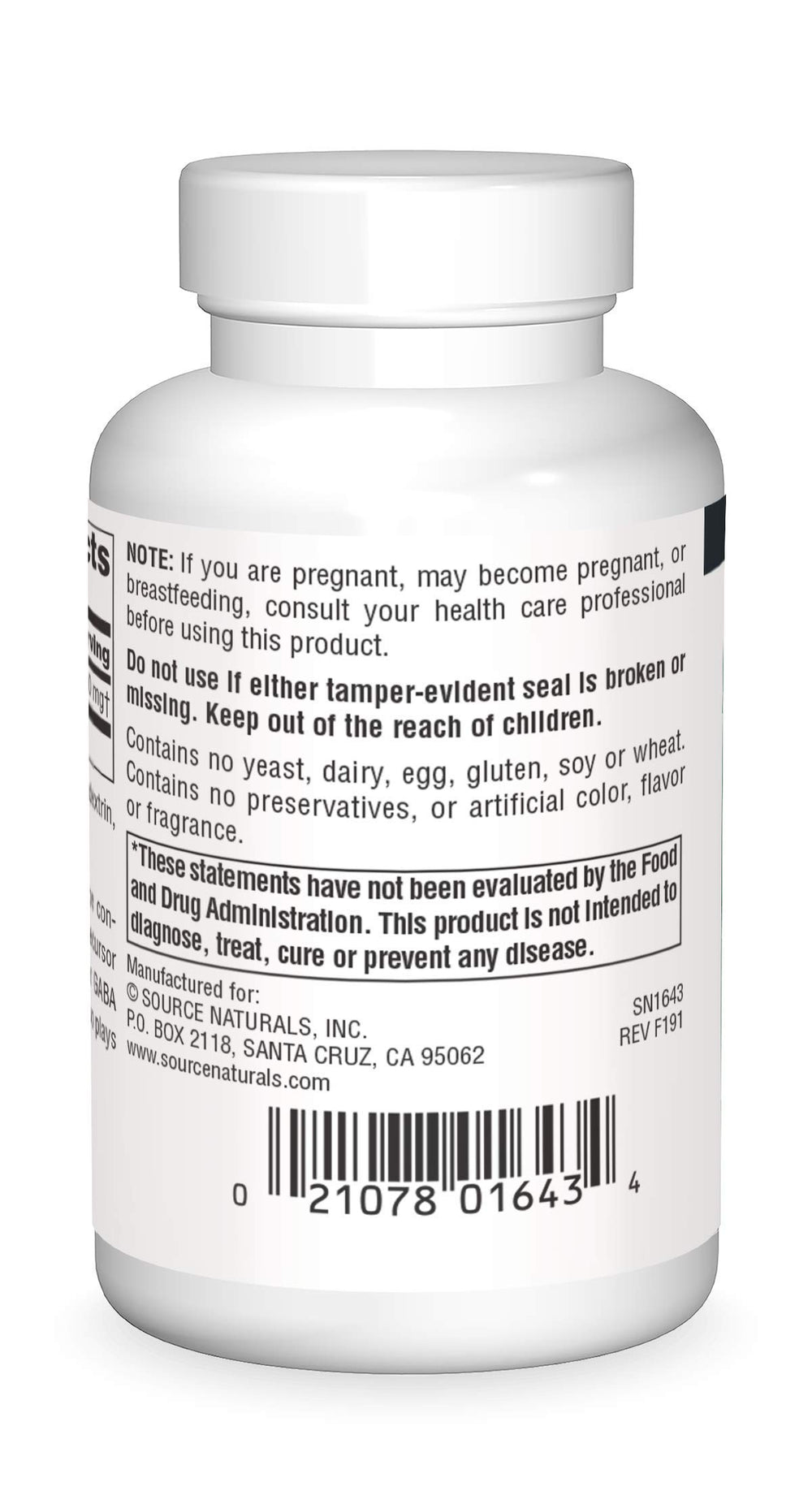 Supplement facts panel for Source Naturals L-Glutamine