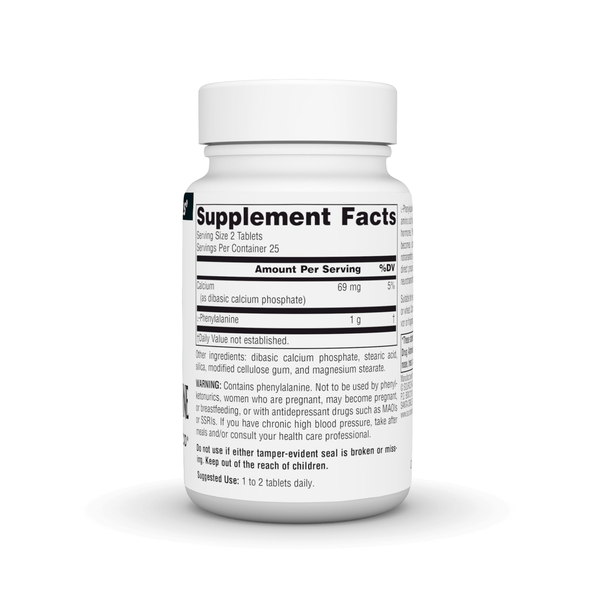 Back label on Source Naturals L-Phenylalanine Free Form bottle