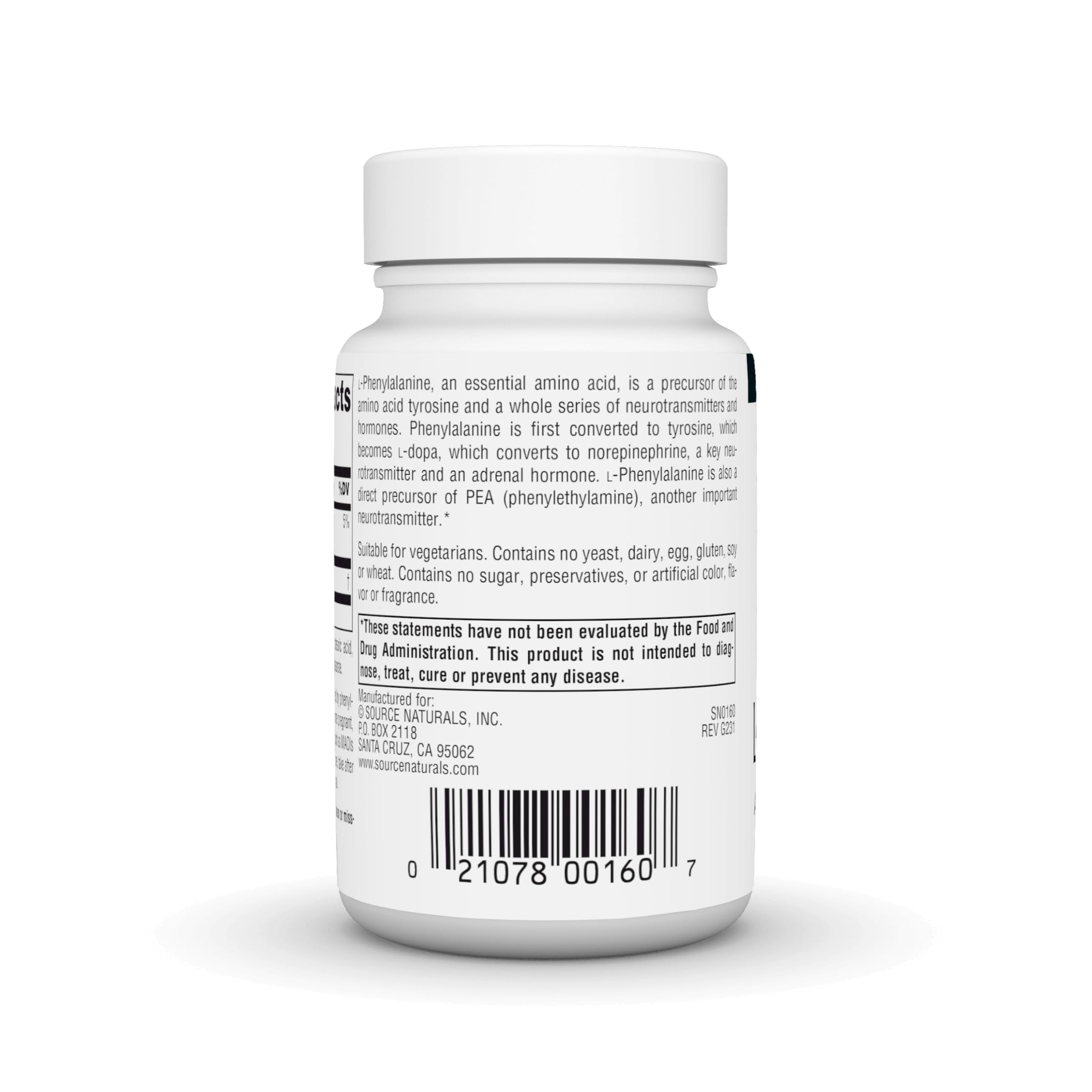 Close-up of separate tablets from Source Naturals L-Phenylalanine Free Form