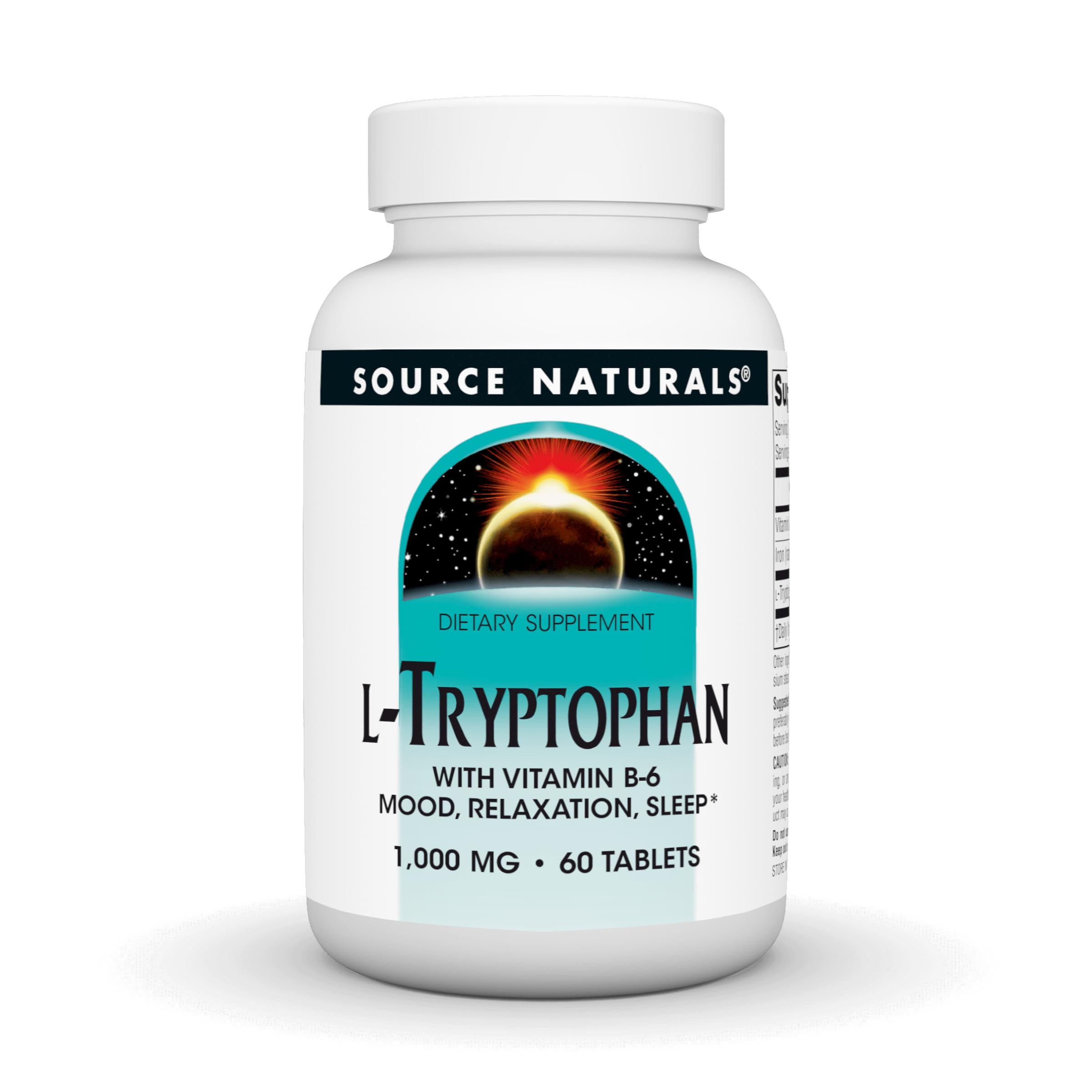 Bottle of Source Naturals L-Tryptophan with Vitamin B-6 1000 mg – 60 tablets