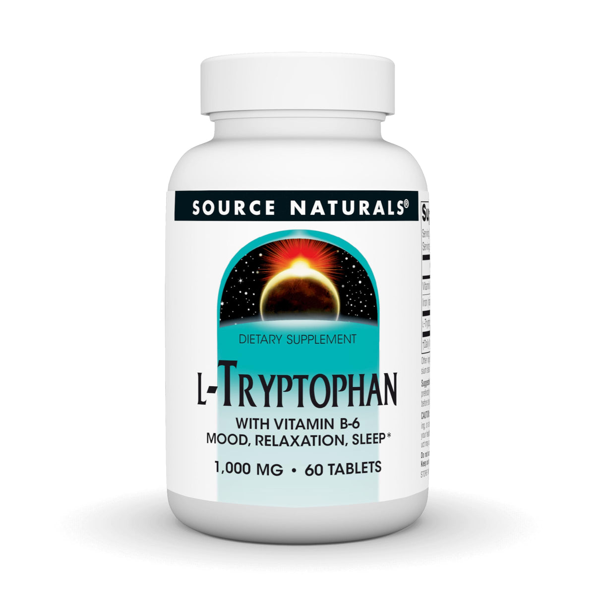 Bottle of Source Naturals L-Tryptophan with Vitamin B-6 1000 mg – 60 tablets