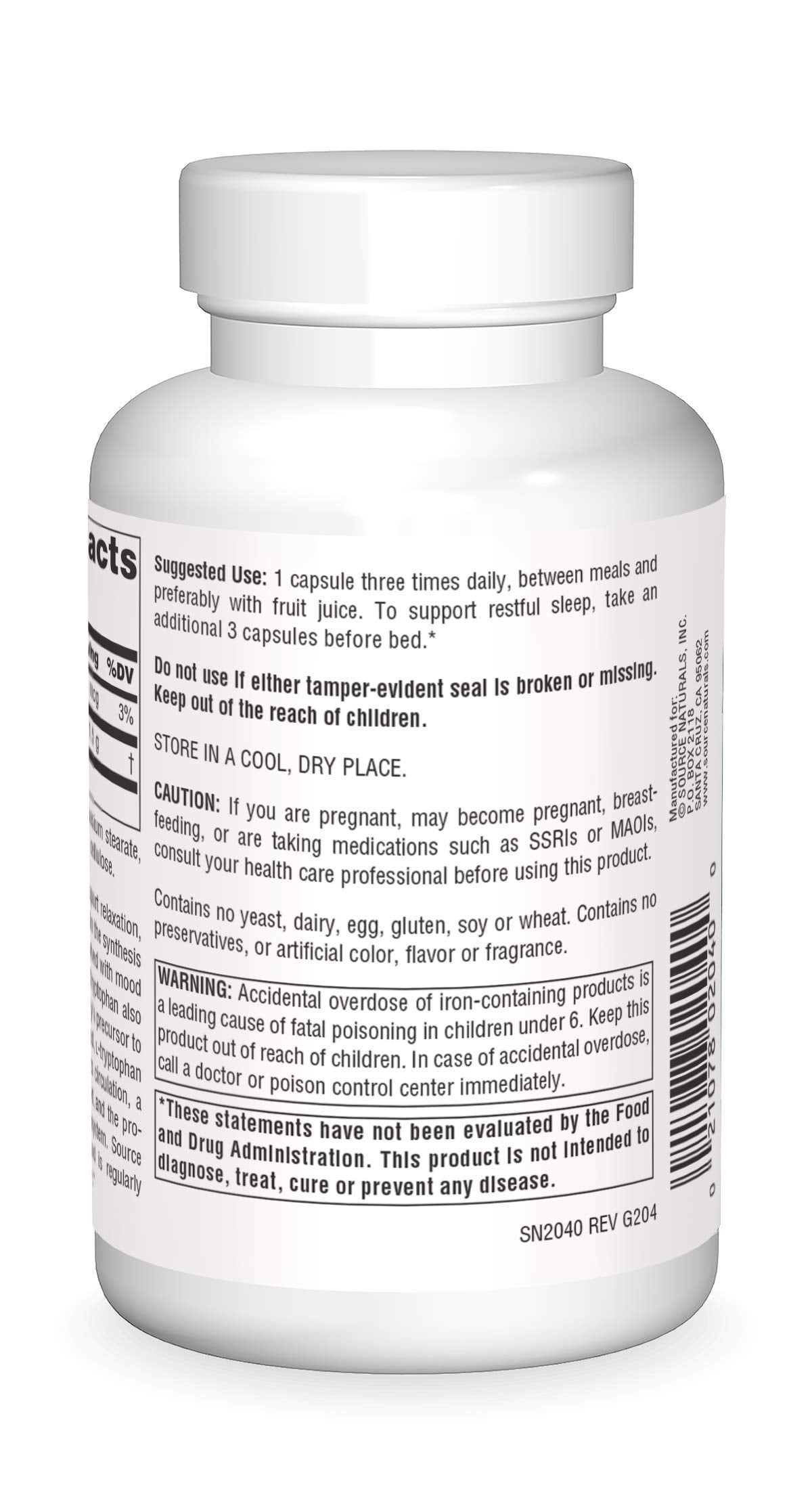 Close-up of L-Tryptophan 500 mg label on bottle