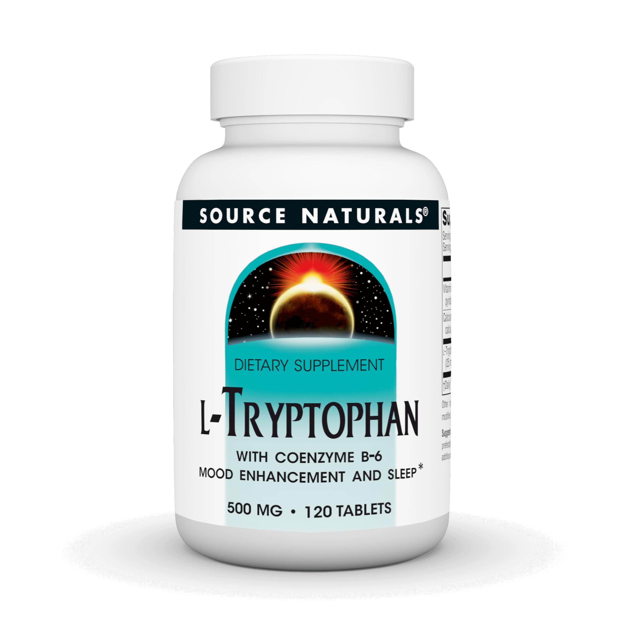 Source Naturals L-Tryptophan tablets front view promoting relaxation