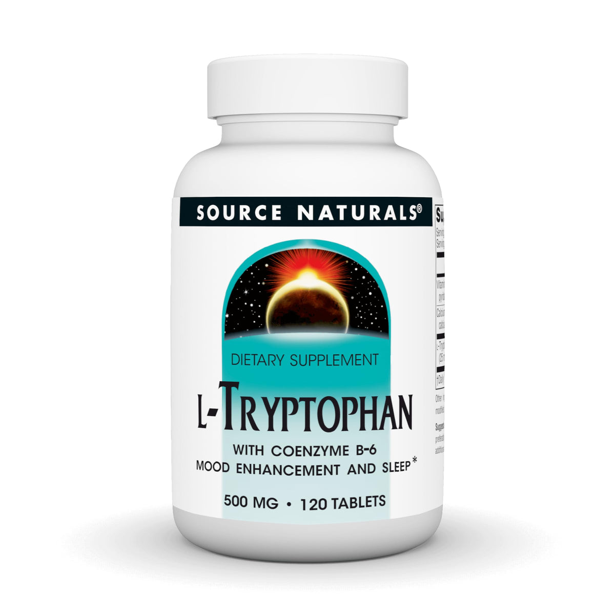 Source Naturals L-Tryptophan tablets front view promoting relaxation