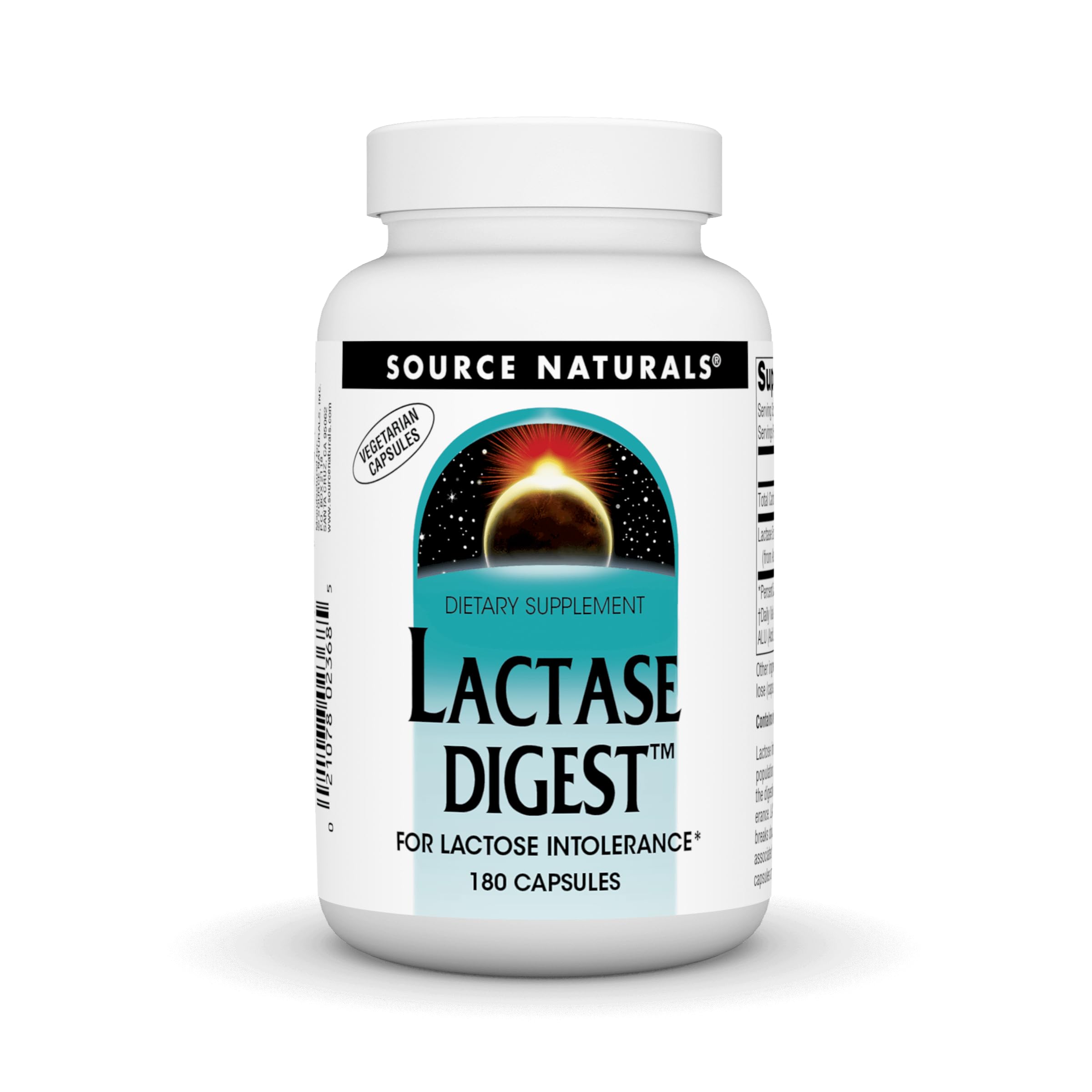 Front view of Source Naturals Lactase Digest bottle – 180 capsules
