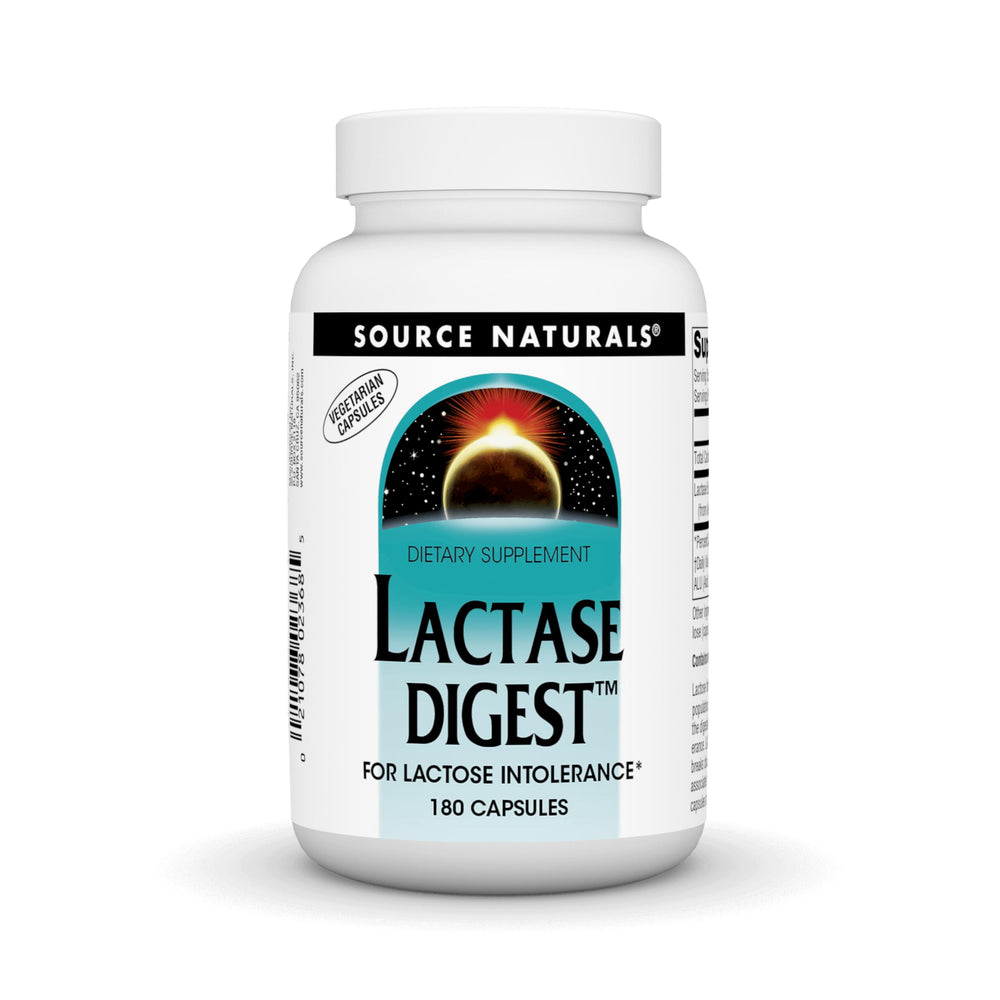 Front view of Source Naturals Lactase Digest bottle – 180 capsules