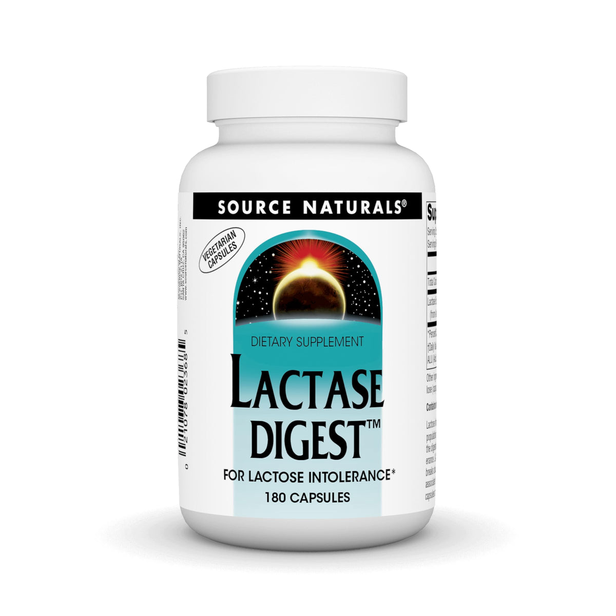 Front view of Source Naturals Lactase Digest bottle – 180 capsules