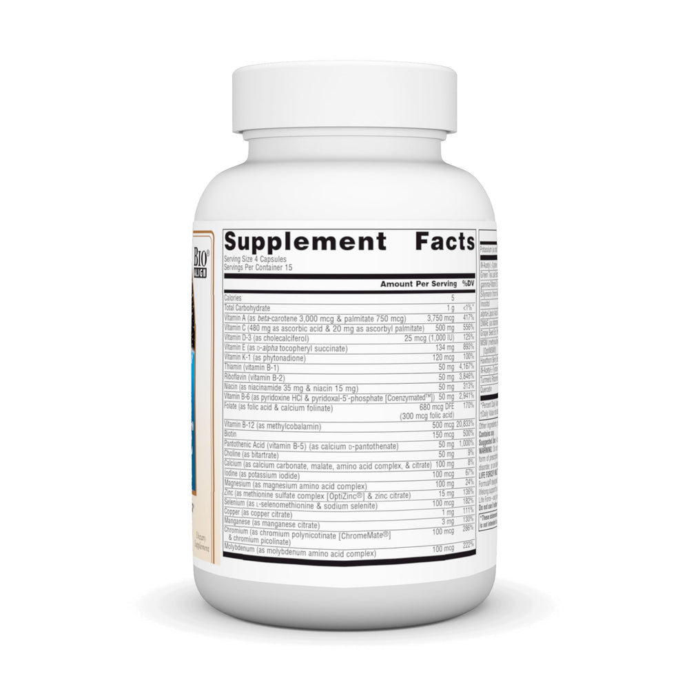 Close-up of Life Force Iron Free Multivitamin bottle label
