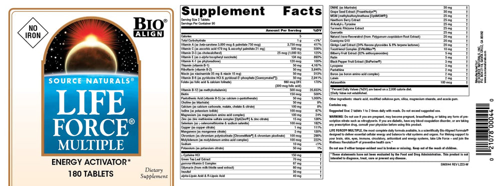 Back label with supplement facts for Life Force Multiple
