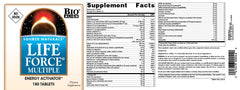 Back label with supplement facts for Life Force Multiple