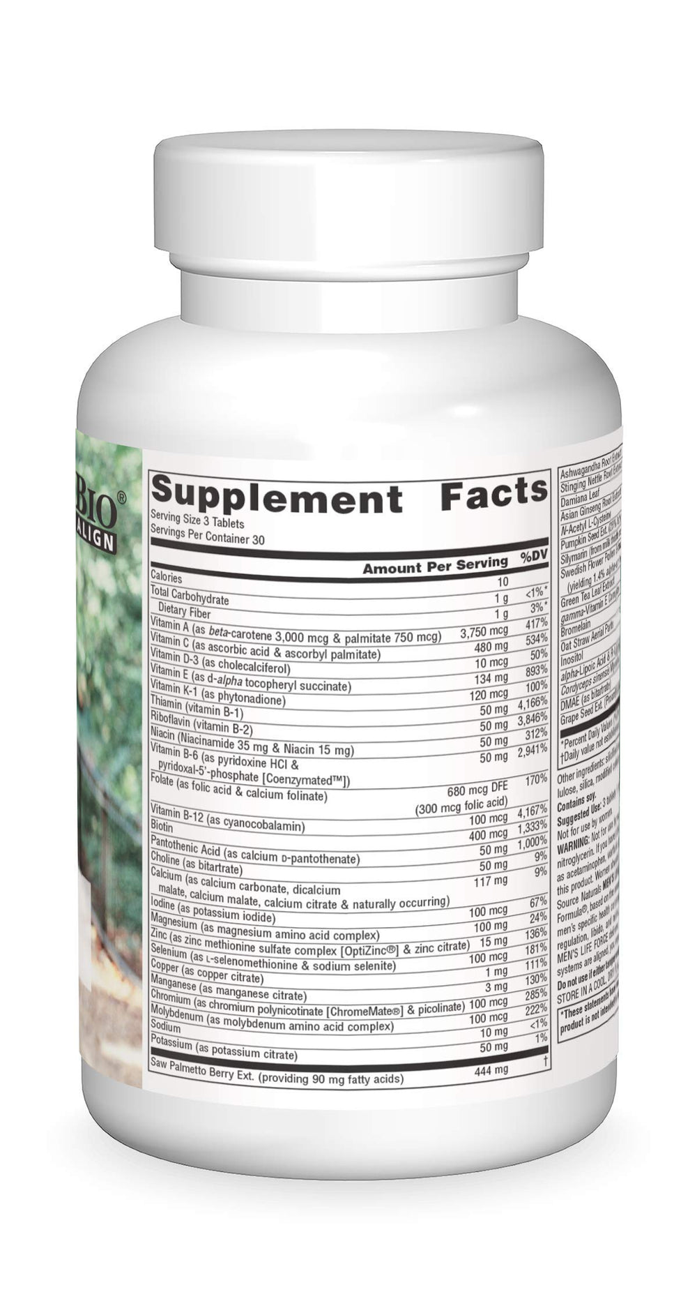 Nutrient panel showing vitamins and minerals