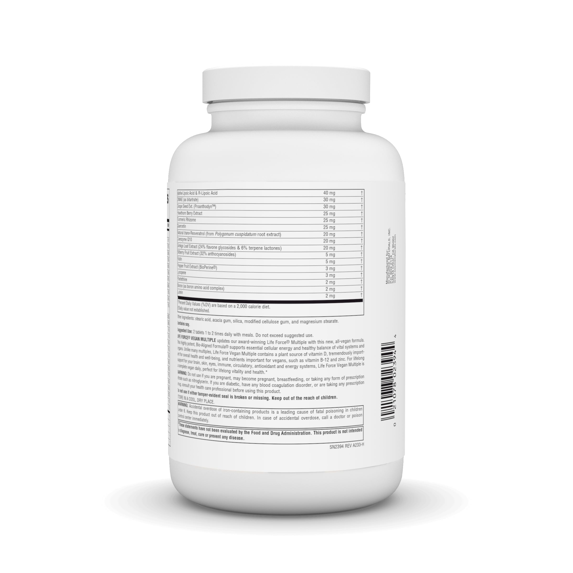 Bottle label highlights vegan multivitamin benefits