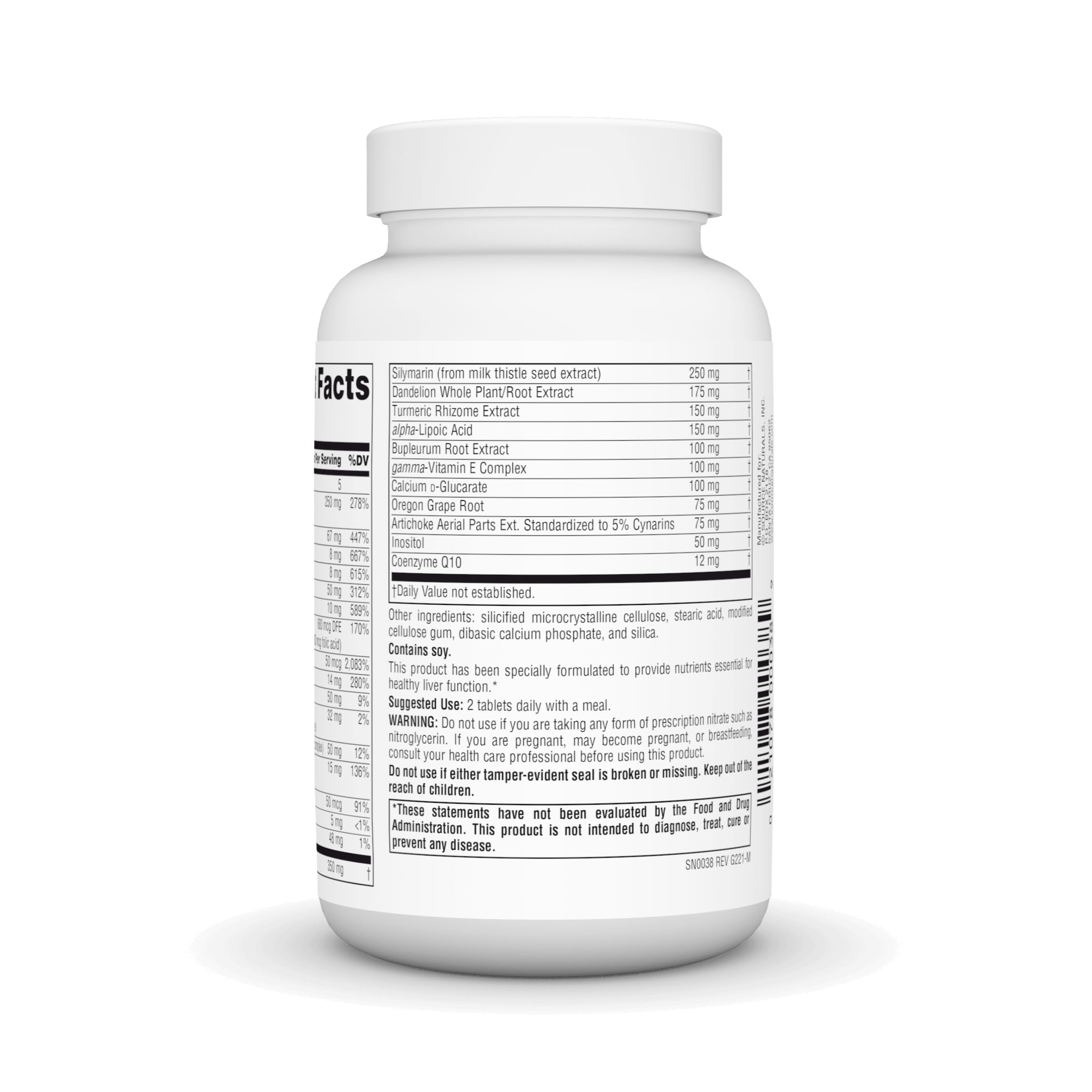 Ingredients list showing silymarin, CoQ10, and N-acetyl cysteine