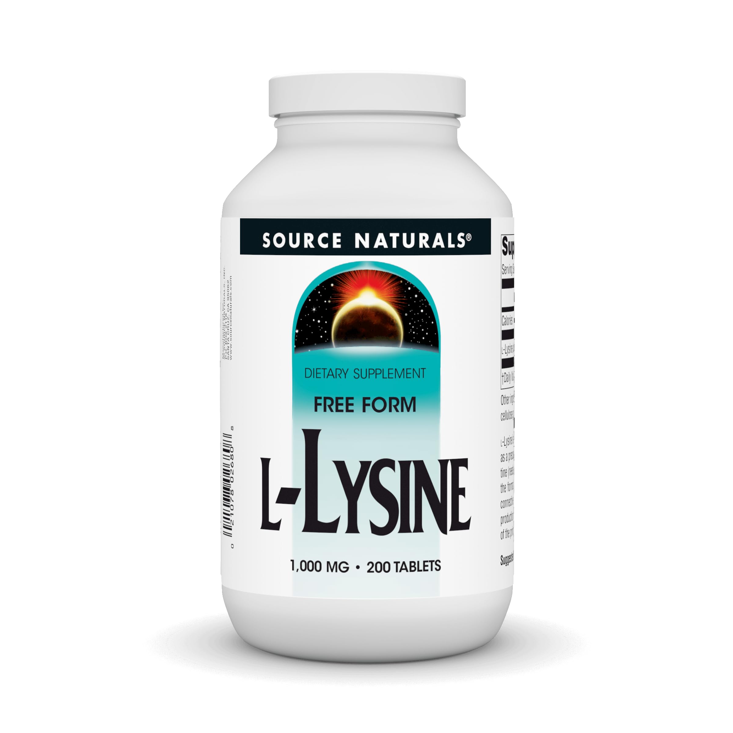 Bottle of Source Naturals L-Lysine Free Form 1000 mg with label