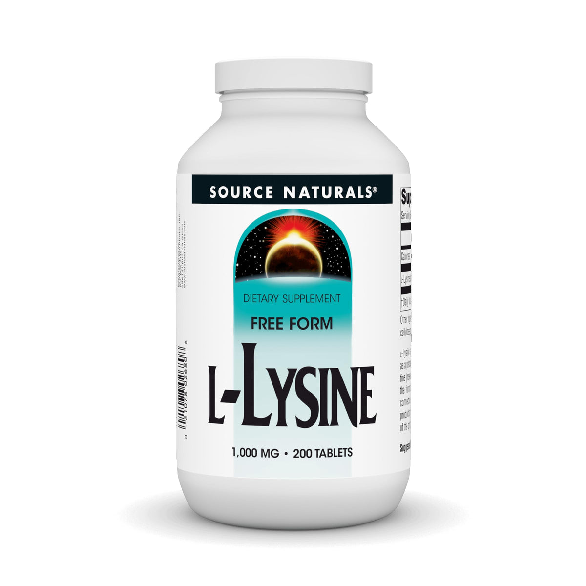 Bottle of Source Naturals L-Lysine Free Form 1000 mg with label